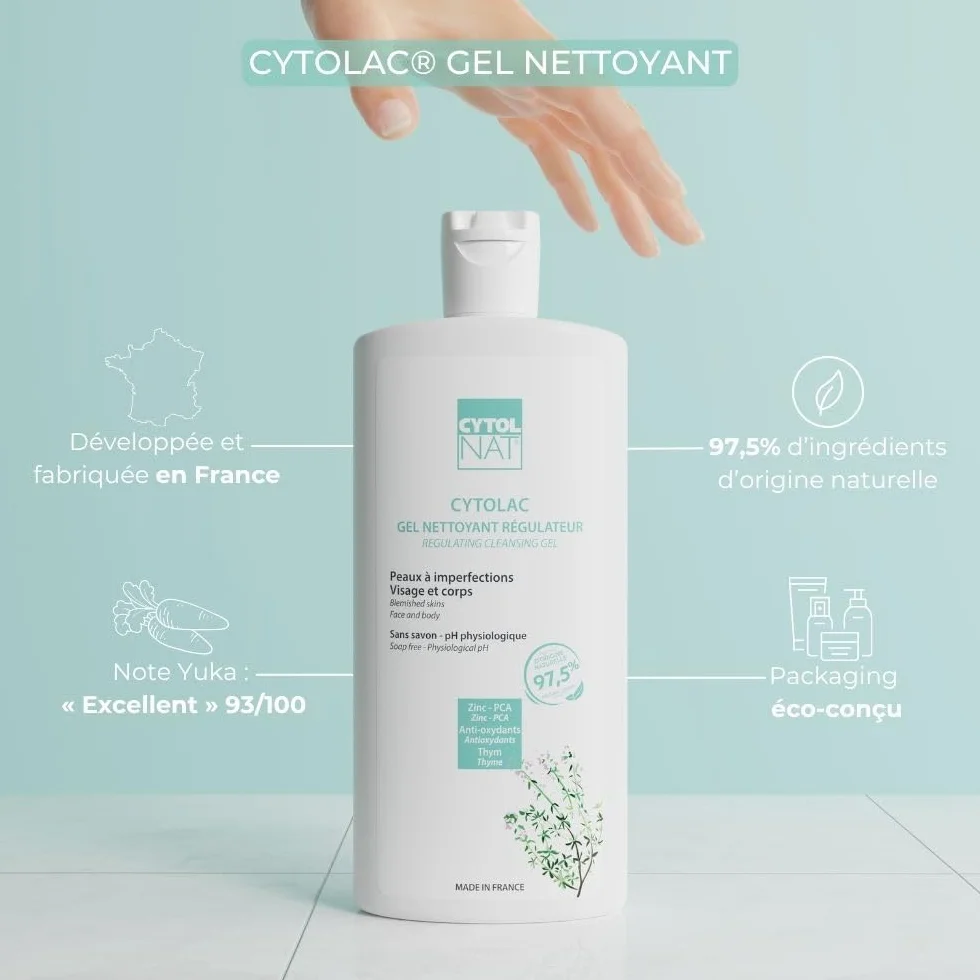 CYTOLNAT Cytolac Gel Nettoyant 250 ml - Nettoie en Douceur et Régule l’Excès de Sébum - Sans Savon - Peaux Sensibles, Mixtes à Grasses