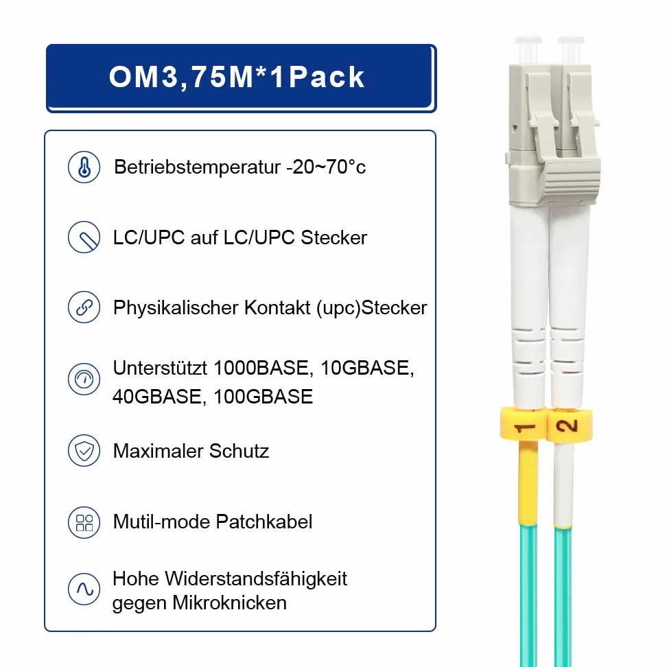 Câble patch en fibre optique OM3 LC vers LC 75 m | Options de longueur : 0,2 m à 100 m, 10 Go duplex LC-LC 50/125 um multimode LSZH 75 m