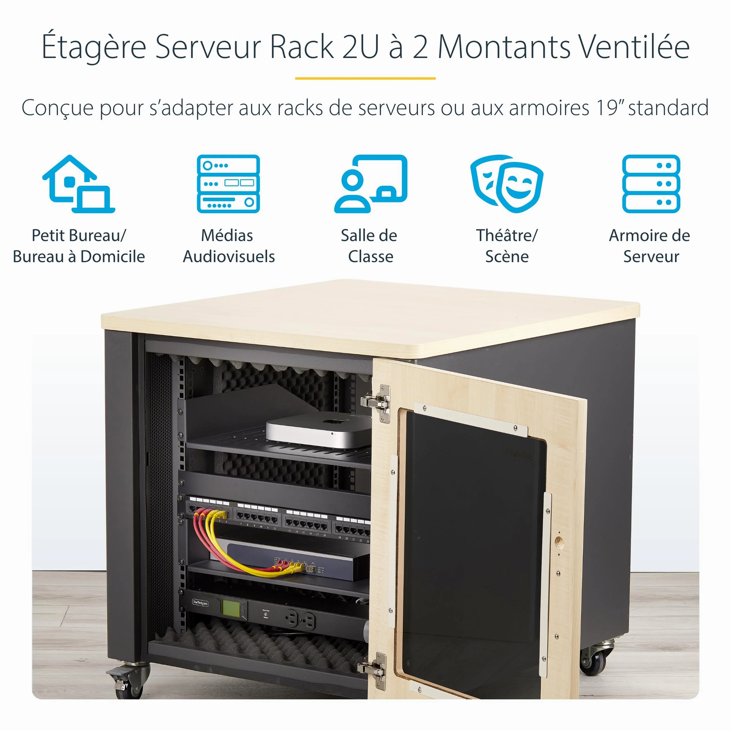 StarTech Étagère Ventilée Rack 2U, 41,5cm, 20kg (CABSHELFV2U-16-RACK) | Plateau, Montage en rack, Armoire, Acier SPCC, Écrous et vis