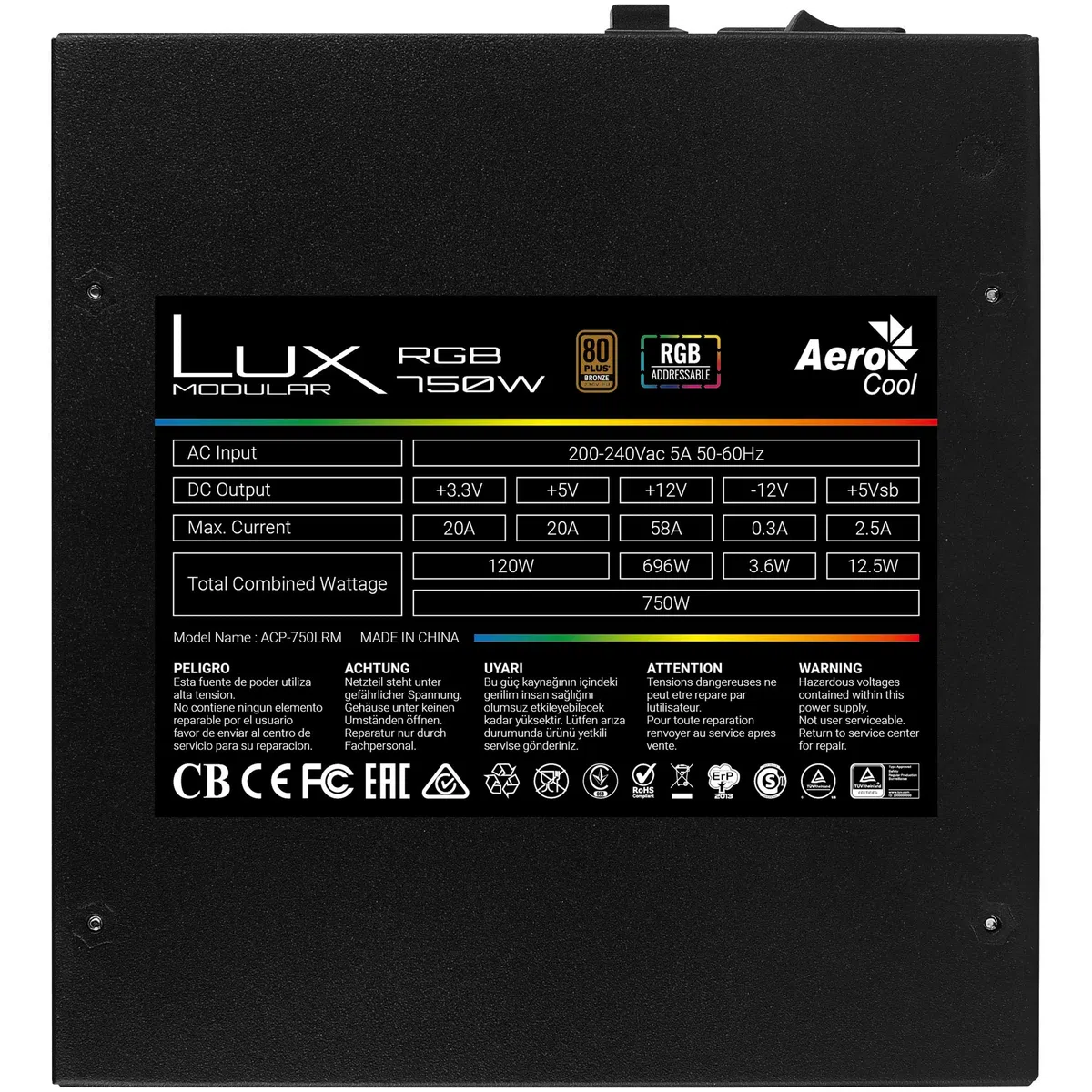 Aerocool Lux RGB M 750W - Alimentation modulaire RGB, 80Plus Bronze 230V)