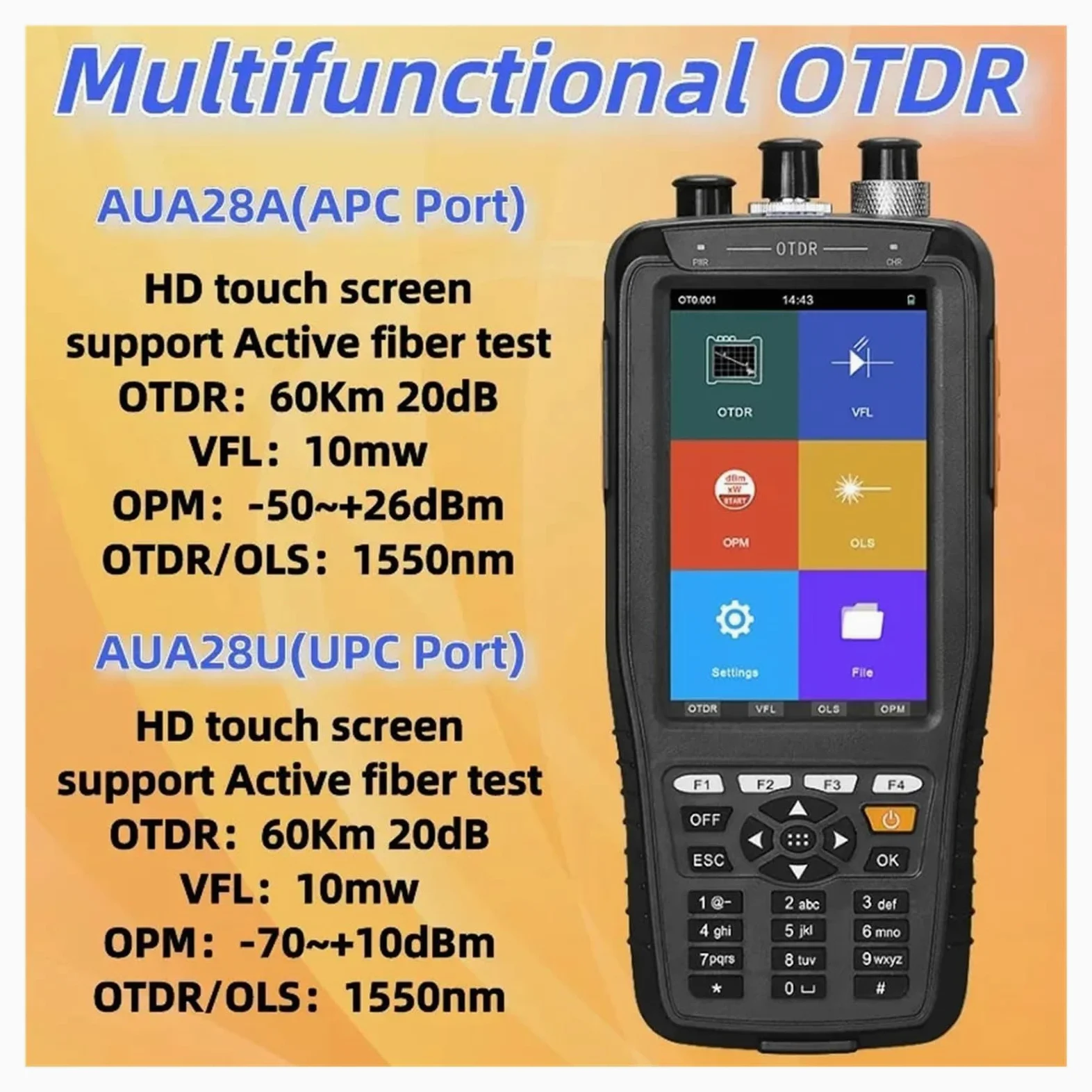 OTDR portatif 28U/28A avec écran tactile 1550nm, réflectomètre optique dans le domaine temporel, testeur de Fiber optique avec VFL(10mW)/OPM(UPC)