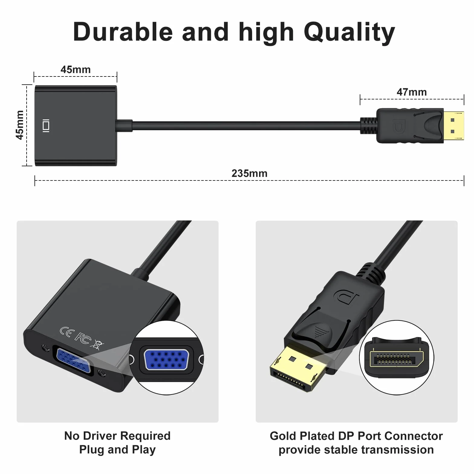 Adaptateur DisplayPort vers VGA 1080P Mâle vers Femelle Compatible Lenovo Dell HP ASUS Noir