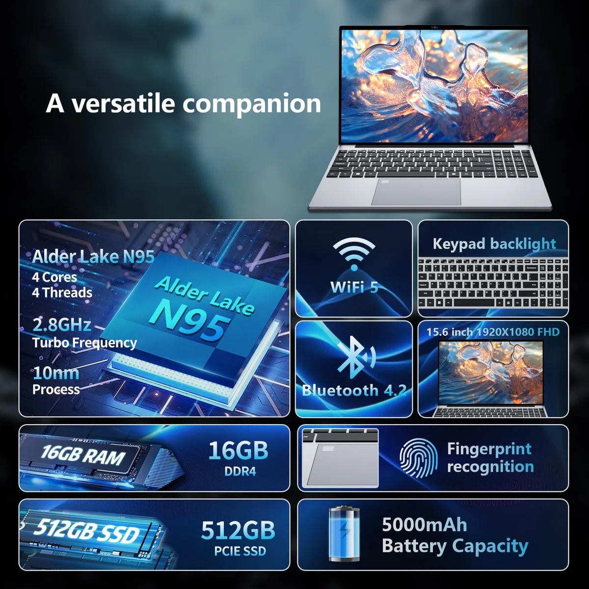 15,6" Ordinateur Portable FHD IPS avec Celeron N95 Processor, 16Go RAM 512Go SSD, Win 11 PC Portable avec Clavier Rétroéclairé et Empreinte Digitale, Laptop USB3.0, HDMI, Wi-FI5, BT4.2, 5000mAh