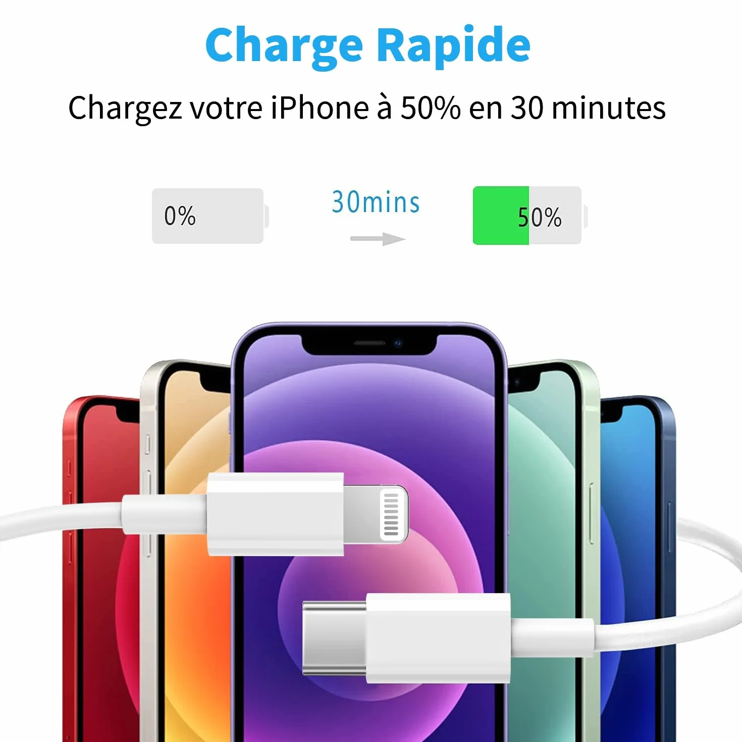 RCTech Câble USB C vers Lightning 1.8 m Lot de 3 MFi Certifié Charge Rapide Power Delivery pour iPhone 14/13/13 Pro/12/12 Pro Max/12 Mini/11/11 Pro/XS/XR/X/8/8 Plus/iPad Blanc