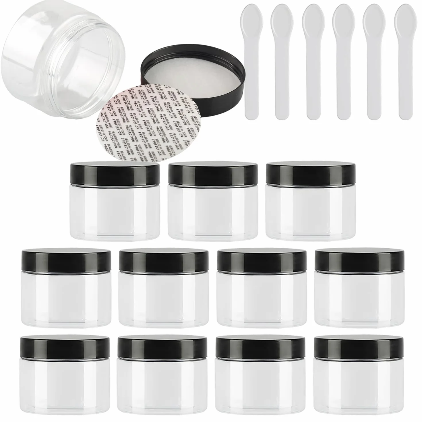 Pots Cosmétique Plastique Transparent 150 ml avec Couvercle Noir 6 Spatules