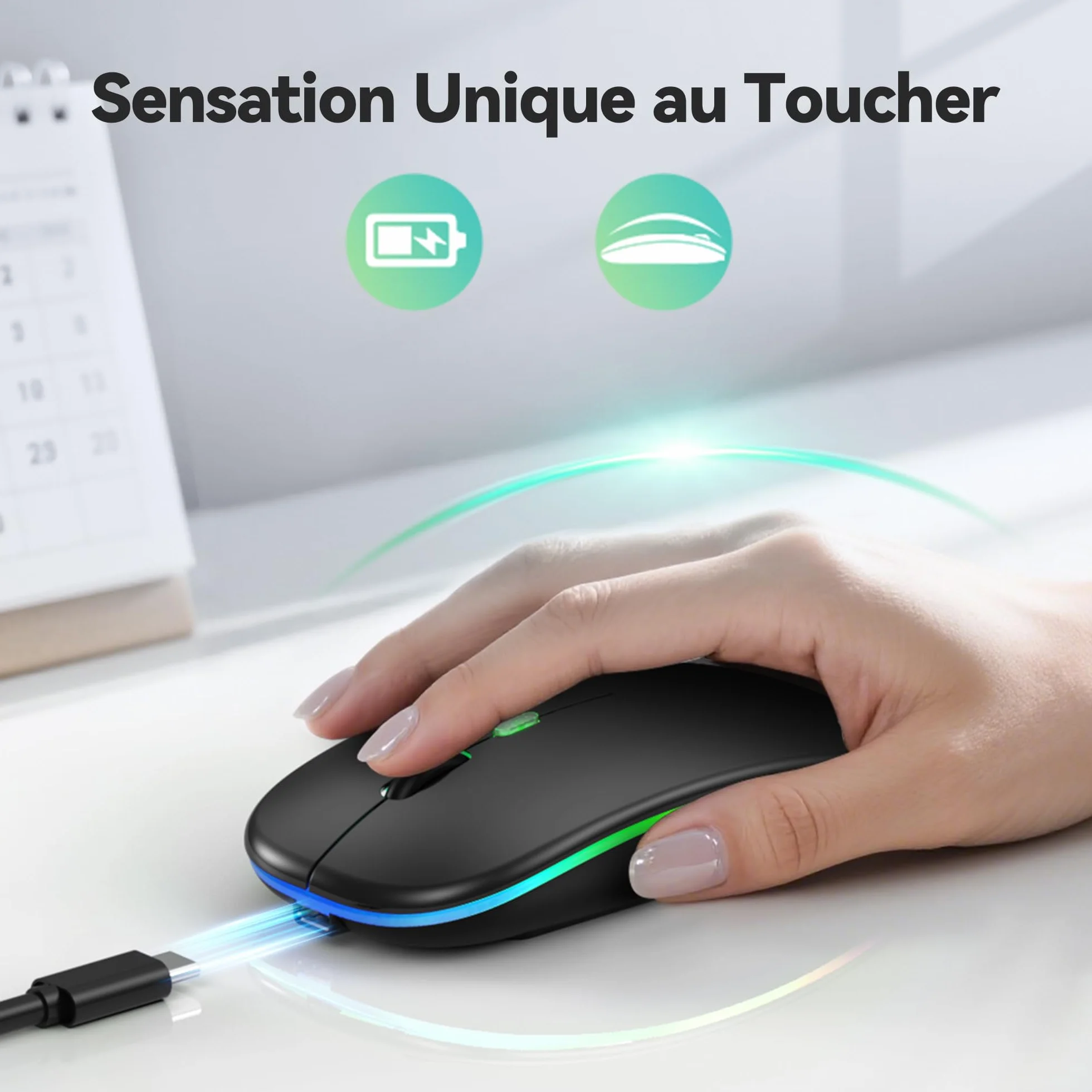 TECKNET Souris sans Fil Bluetooth 5.1 Rechargeable 1600 DPI Rétroéclairée 7 Couleurs Silencieuse Noir