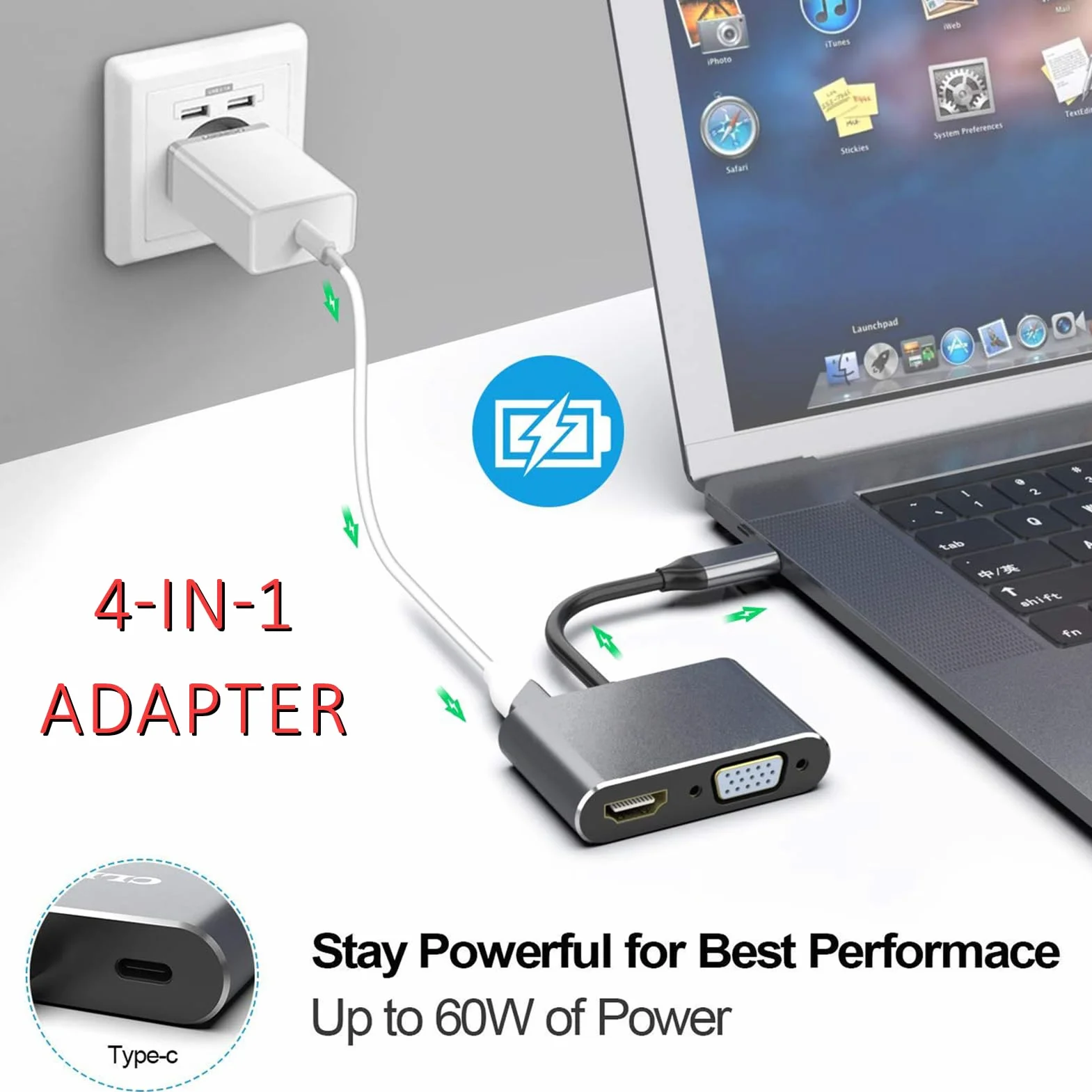 Adaptateur USB C vers HDMI VGA USB 3.0 PD 4 en 1 Hub Multiport Charge 100W pour MacBook Chromebook HDTV