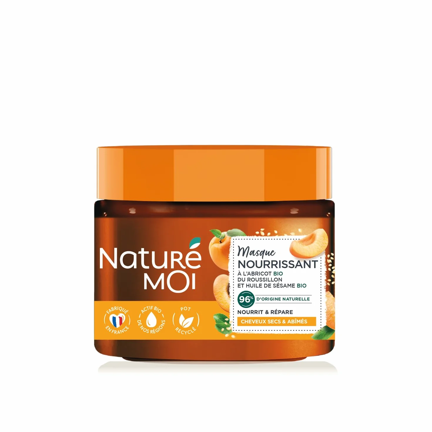 Naturé Moi Masque Cheveux Nourrit Répare Cheveux Secs Abîmés Abricot Huile de Sésame Bio 96% d'Origine Naturelle 300 ml Fabriqué en France