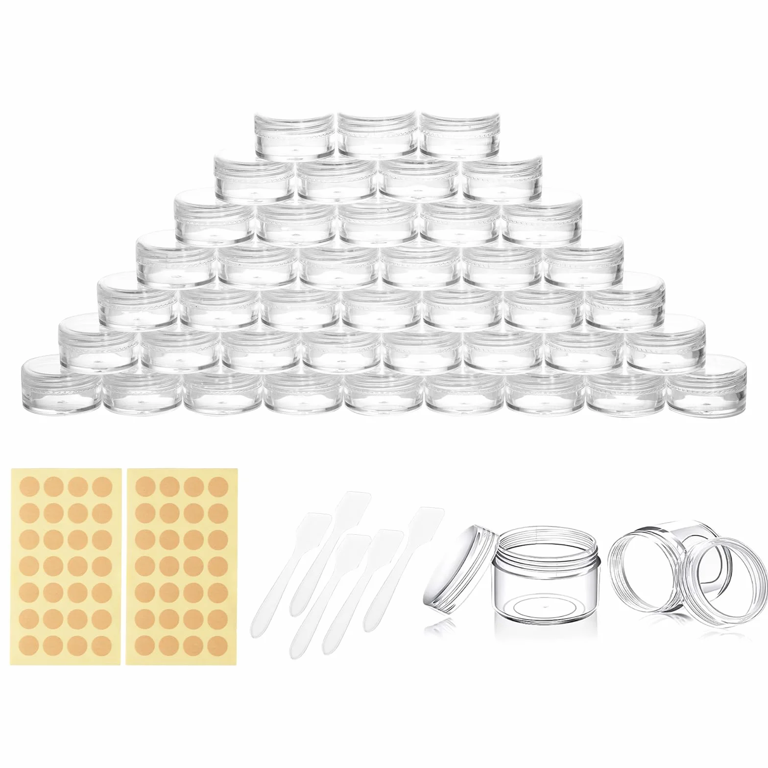 Petits pots 5ml avec couvercle, étiquettes et spatule, mini récipients transparents pour échantillons cosmétiques