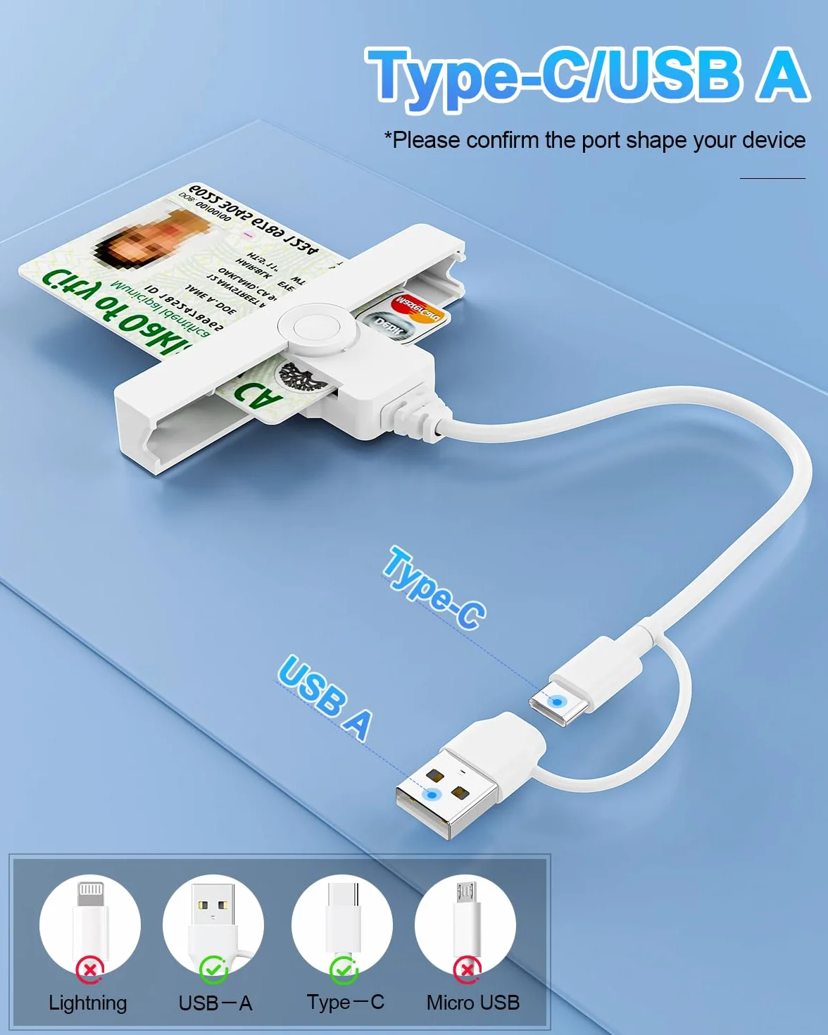 Lecteur de Carte Identité USB-C USB-A Mini Smart Card Reader ISO 7816 Classe A B C