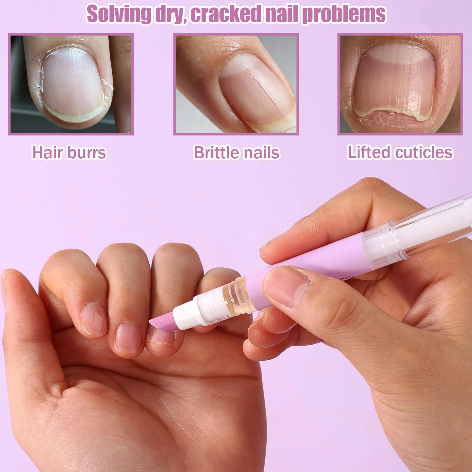 Stylo à Huile pour Cuticules 3 en 1, Applicateur Portable avec Embout Céramique, Hydrate Renforce Brille (Violet)