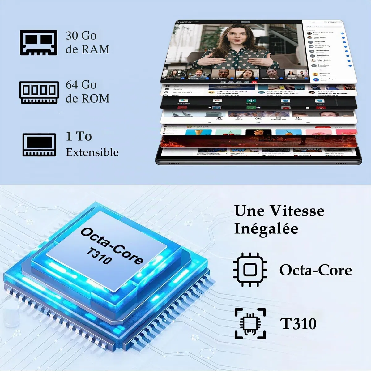 ZIOVO Tablette Enfants Android 15 Tablette 10 Pouces, 30Go RAM + 64Go ROM (TF 2To), Gemini AI, 5G WiFi/Octa-Core/Widevine L1/Face ID/Contrôle Parental/6000 mAh/BT 5.0, Tablette avec étui EVA - Bleu