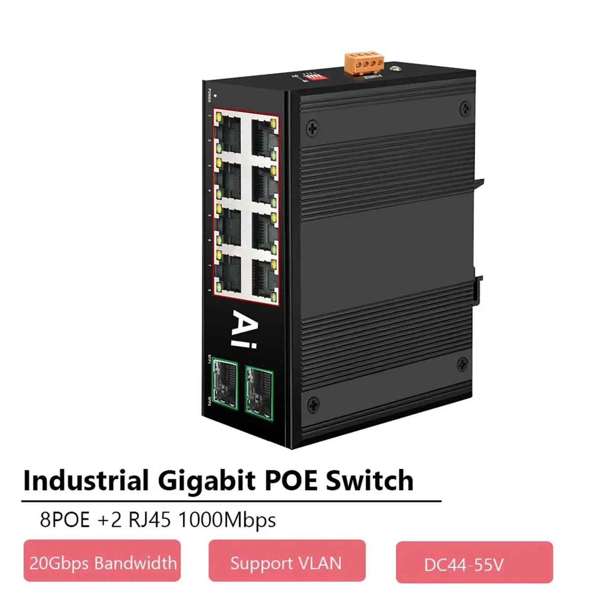 Commutateur Ethernet industriel Gigabit PoE Réseau rapide 10 ports 10/100/1000Base-T DIN IP40 Commutateur réseau extérieur (8-POE 2RJ45)