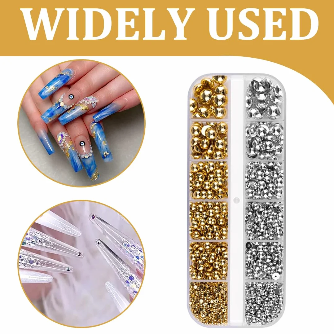 Boîte 3D Flatback Perle Ongle Argent et Or, Demi-Rondes Métal Perle Bijoux Nail Art