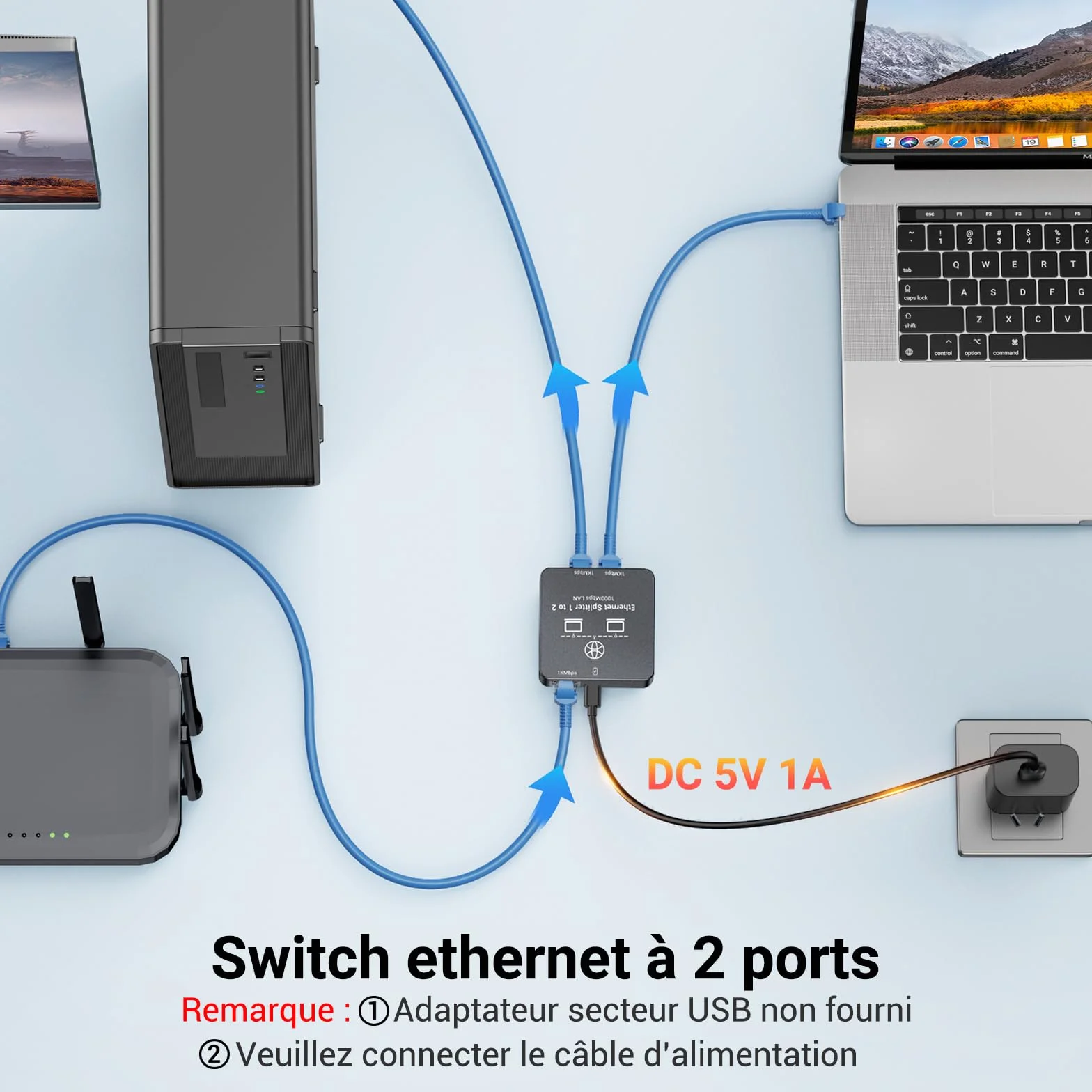 KiWiBiRD switch ethernet 2 port gigabit 1000Mbps doubleur rj45 repartiteur cat 8 7 6 5e 5