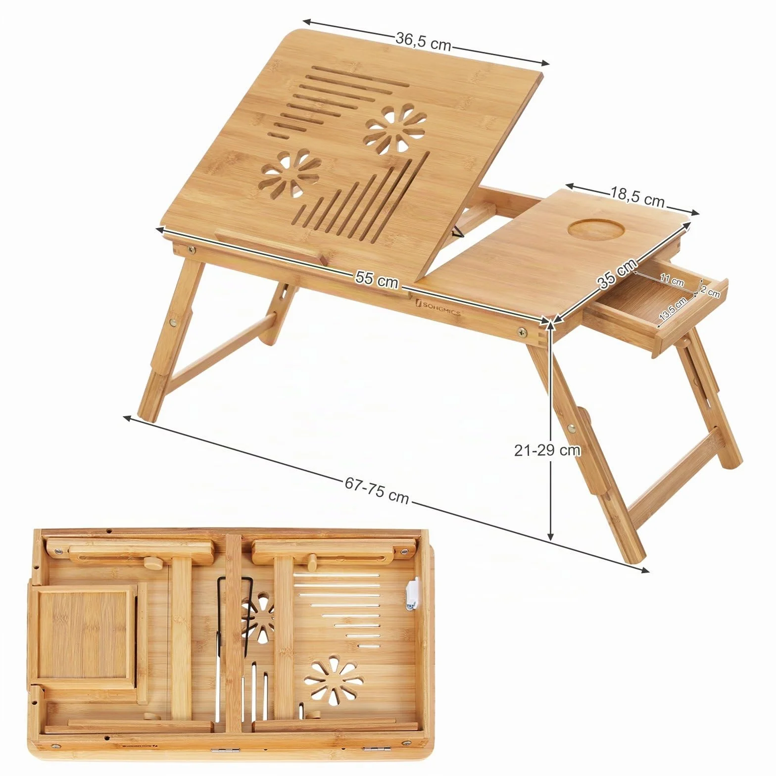SONGMICS Table de lit pliable en bambou pour PC portable 55 x 35 x 29 cm
