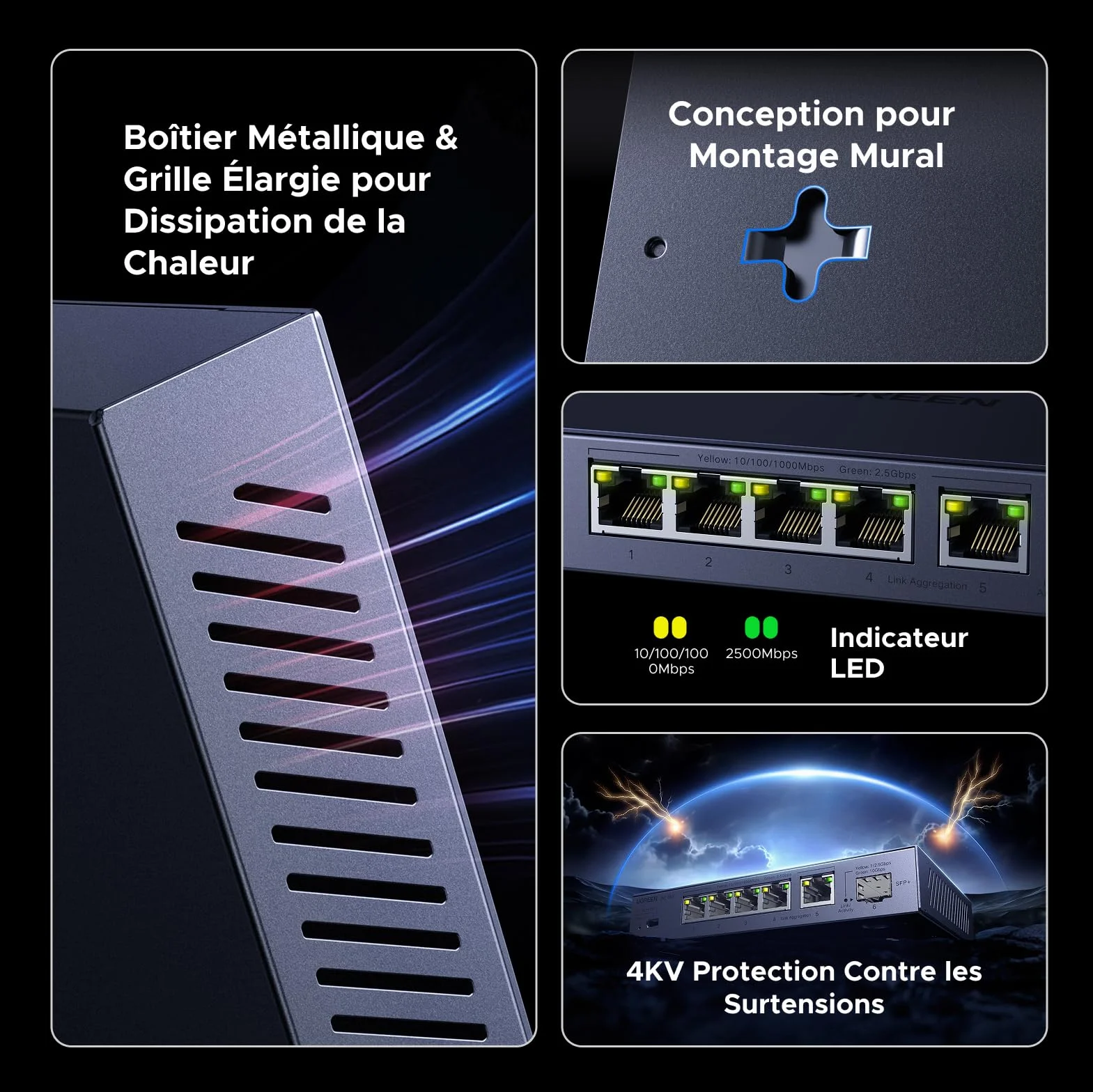 UGREEN Switch Ethernet 6 Ports 2.5G 1 Port SFP+ 10G RJ45 Métal Non Géré 4KV Montage Mural
