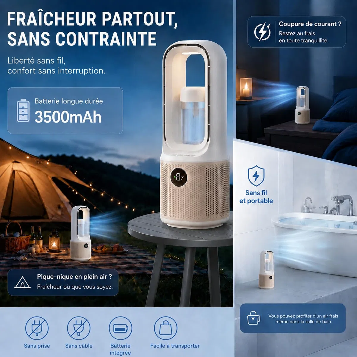 Ventilateur Colonne Sans Pale 3-en-1 36 x 14,6 cm 3500mAh Mini Ventilateur Rafraîchisseur d'Air Rechargeable USB avec Humidificateur 9 Vitesses Chambre/Bureau/Camping