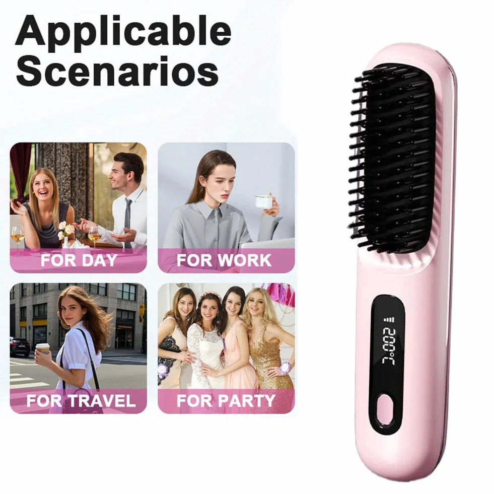 Brosse à Cheveux électrique sans fil Rechargeable Chauffante avec affichage LED 3 Niveaux de Température Lisser Boucler Rose