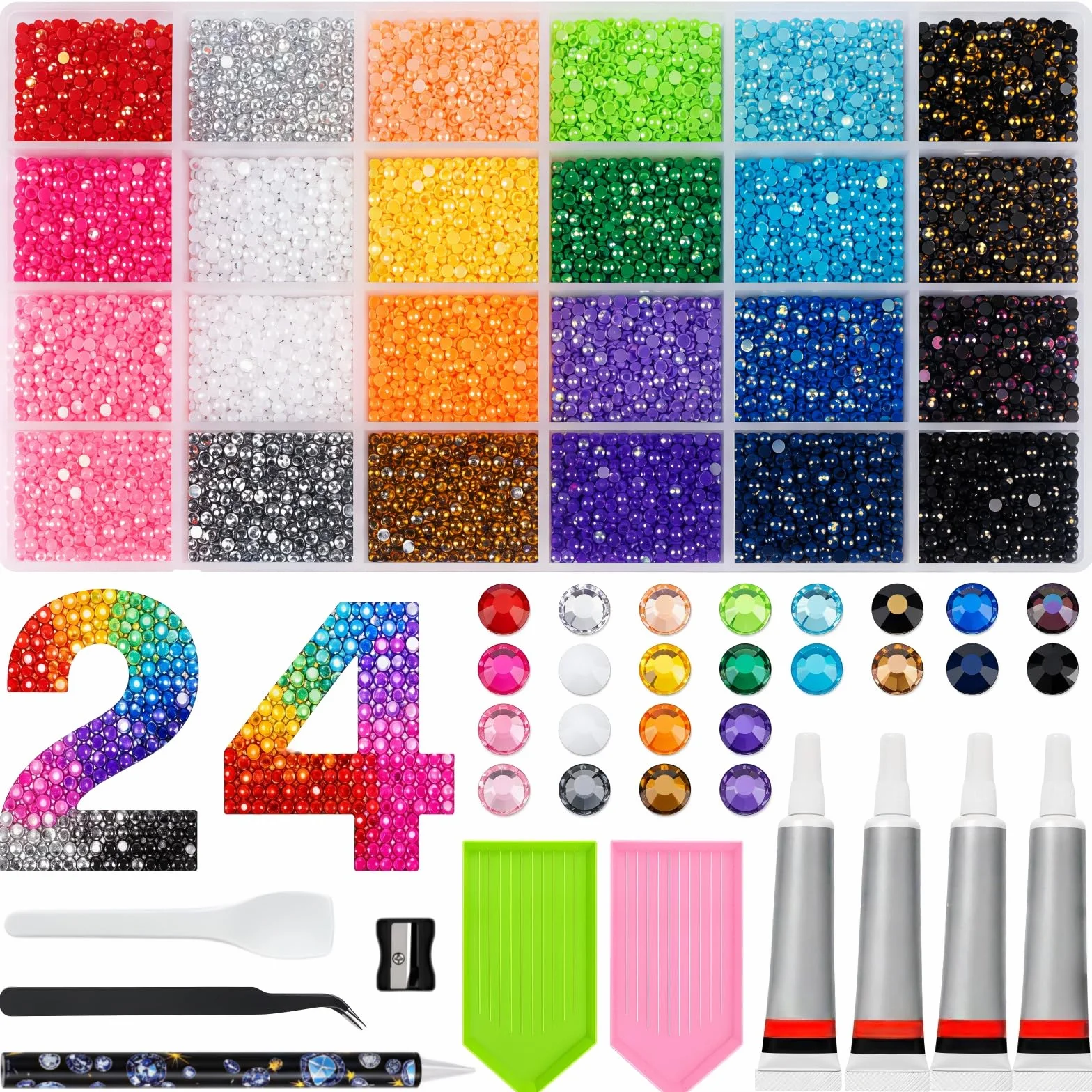 24 Couleurs 3mm Strass Ongle Nail Art, 20000+ Pcs Bedazzling Kit avec Pince à Épiler, Stylo à Pointiller, Rhinestone pour DIY