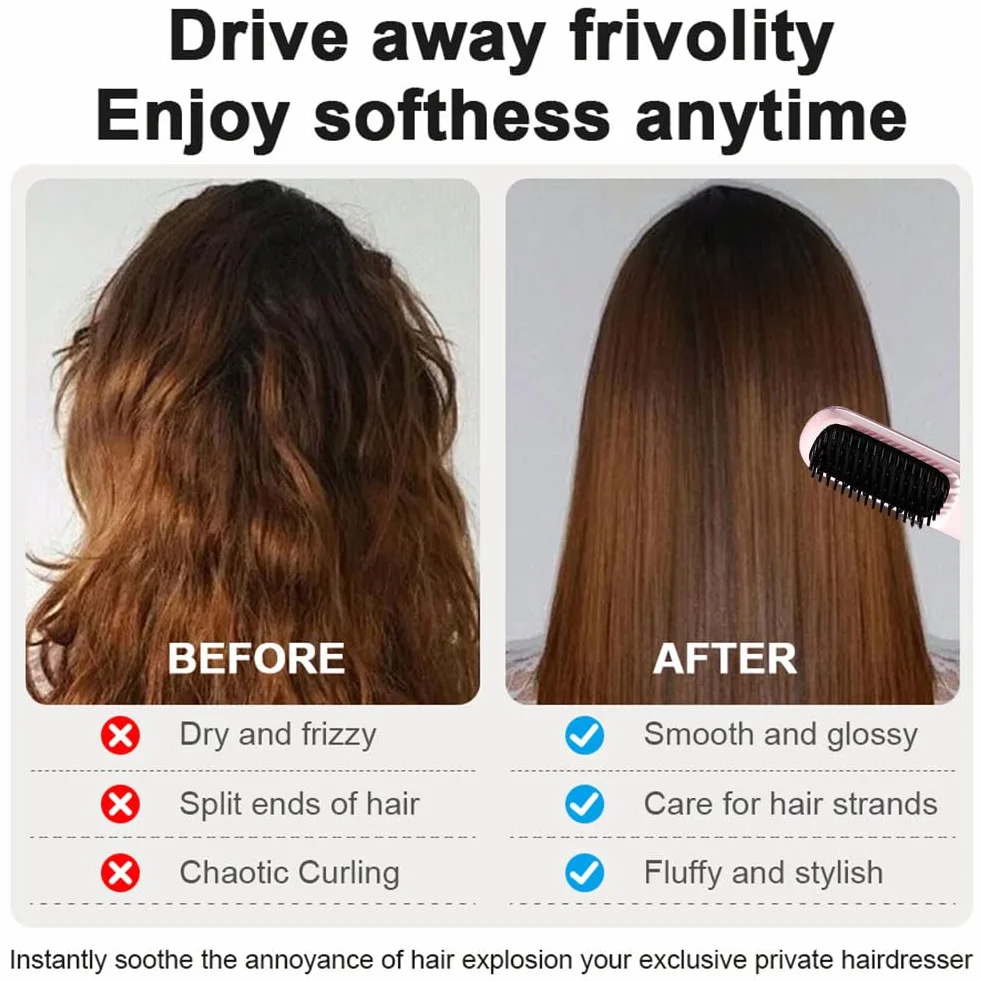 Brosse à Cheveux électrique sans fil Rechargeable Chauffante avec affichage LED 3 Niveaux de Température Lisser Boucler Rose