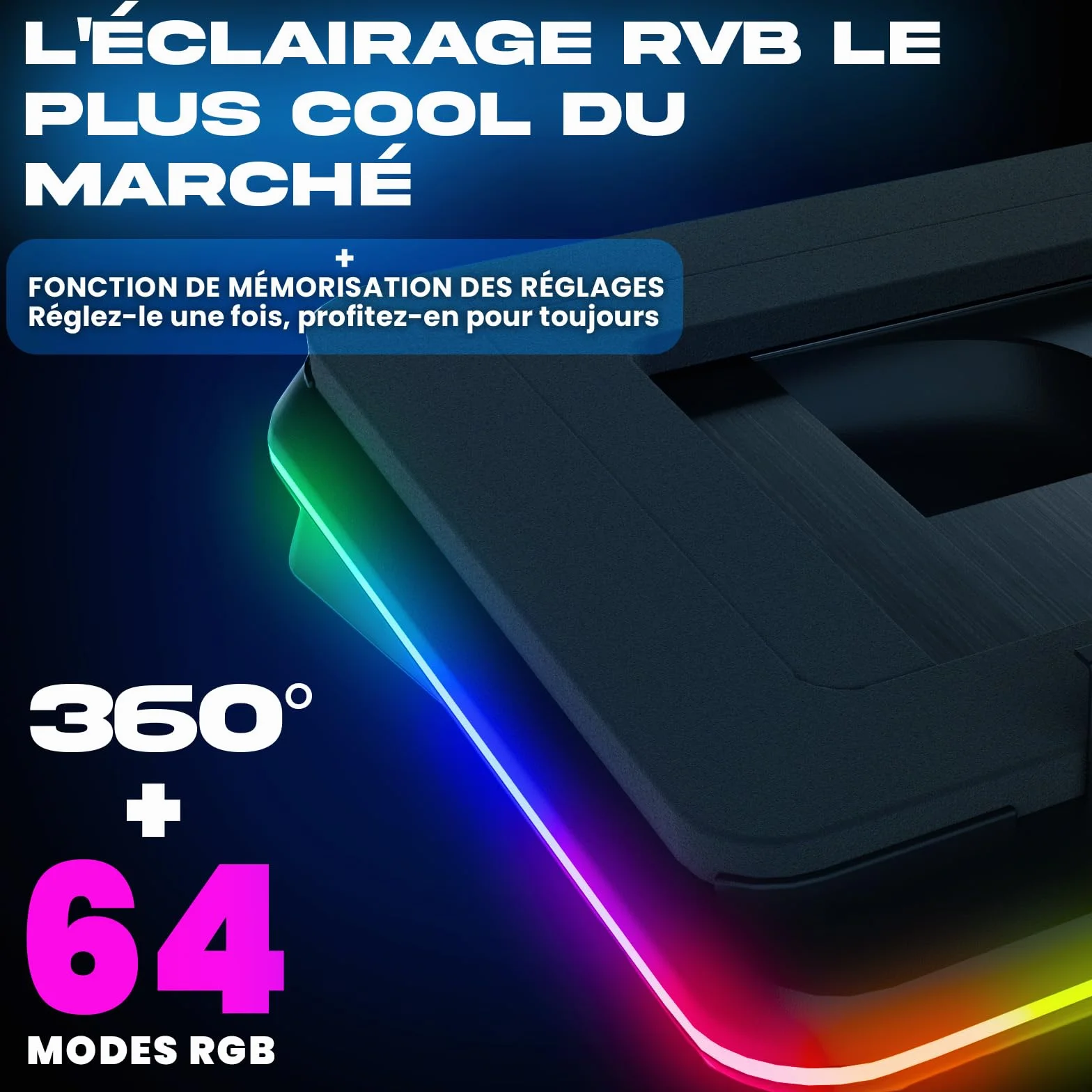 KLIM Turbofrost Refroidisseur PC Portable 4 Turbo Ventilateurs 4000 RPM USB-C/DC RGB Dynamique 4 Ports USB 14-17in Noir