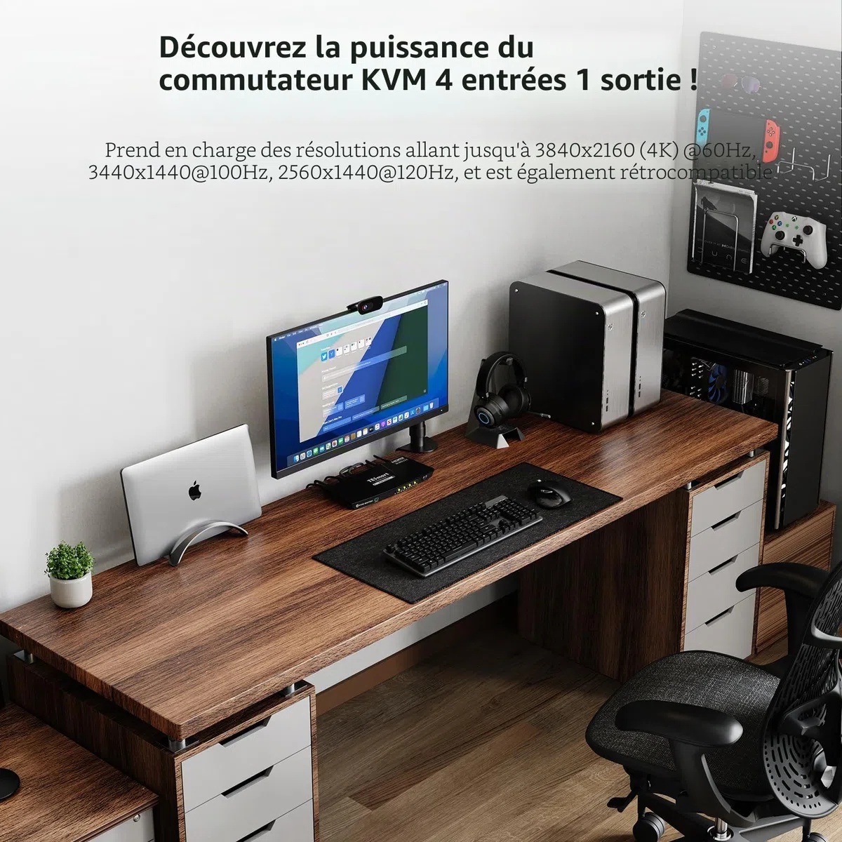 TESmart Pack KVM HDMI 4K@60Hz 4 PC 1 Moniteur + Câble HDMI 2.1 Fibre Optique 10 m 48 Gbit/s 8K@60Hz HDCP 2.3