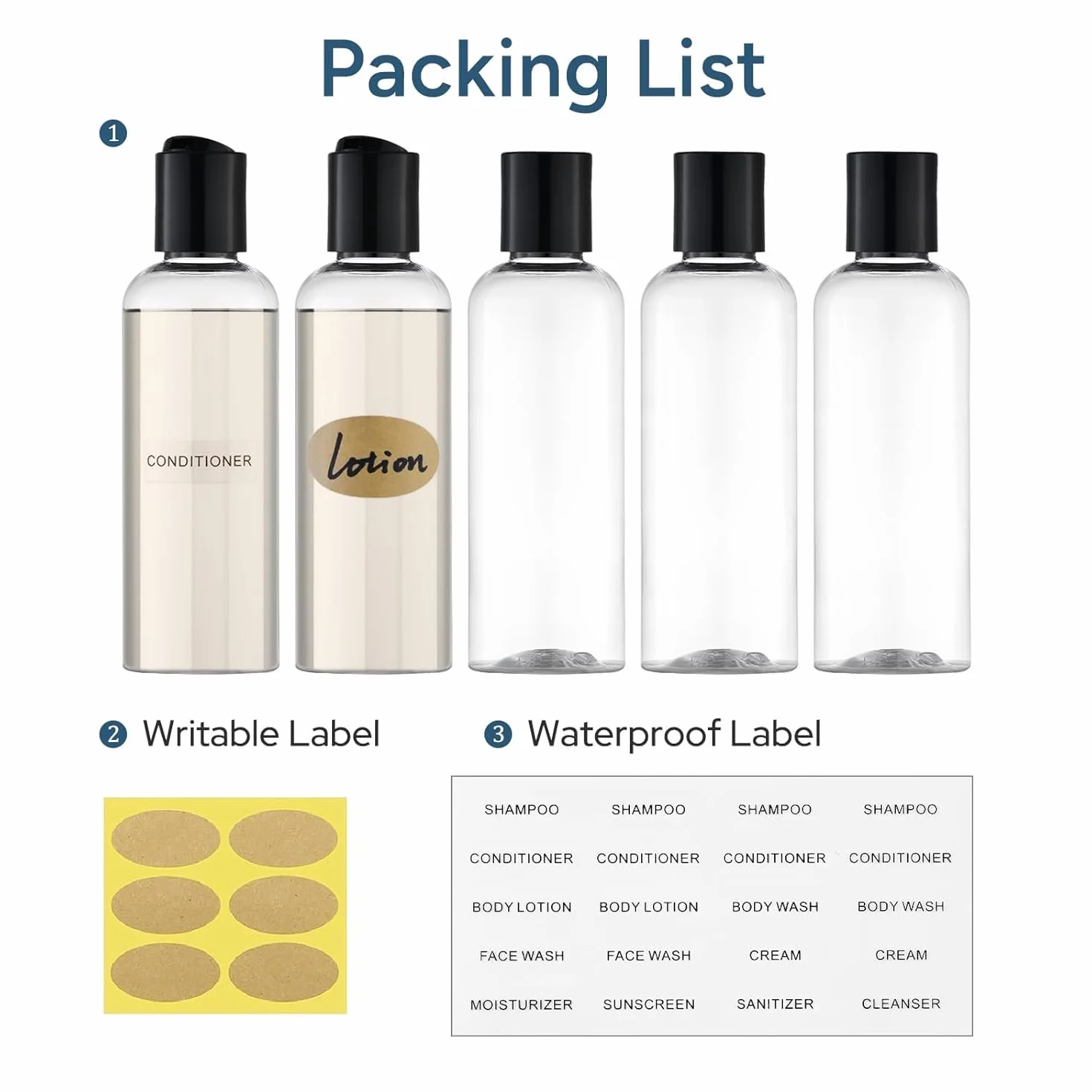 Bouteille de Flacon Voyage Vide 100ml Anti-Fuite Rechargeable Avec Etiquette 5pcs Transparent