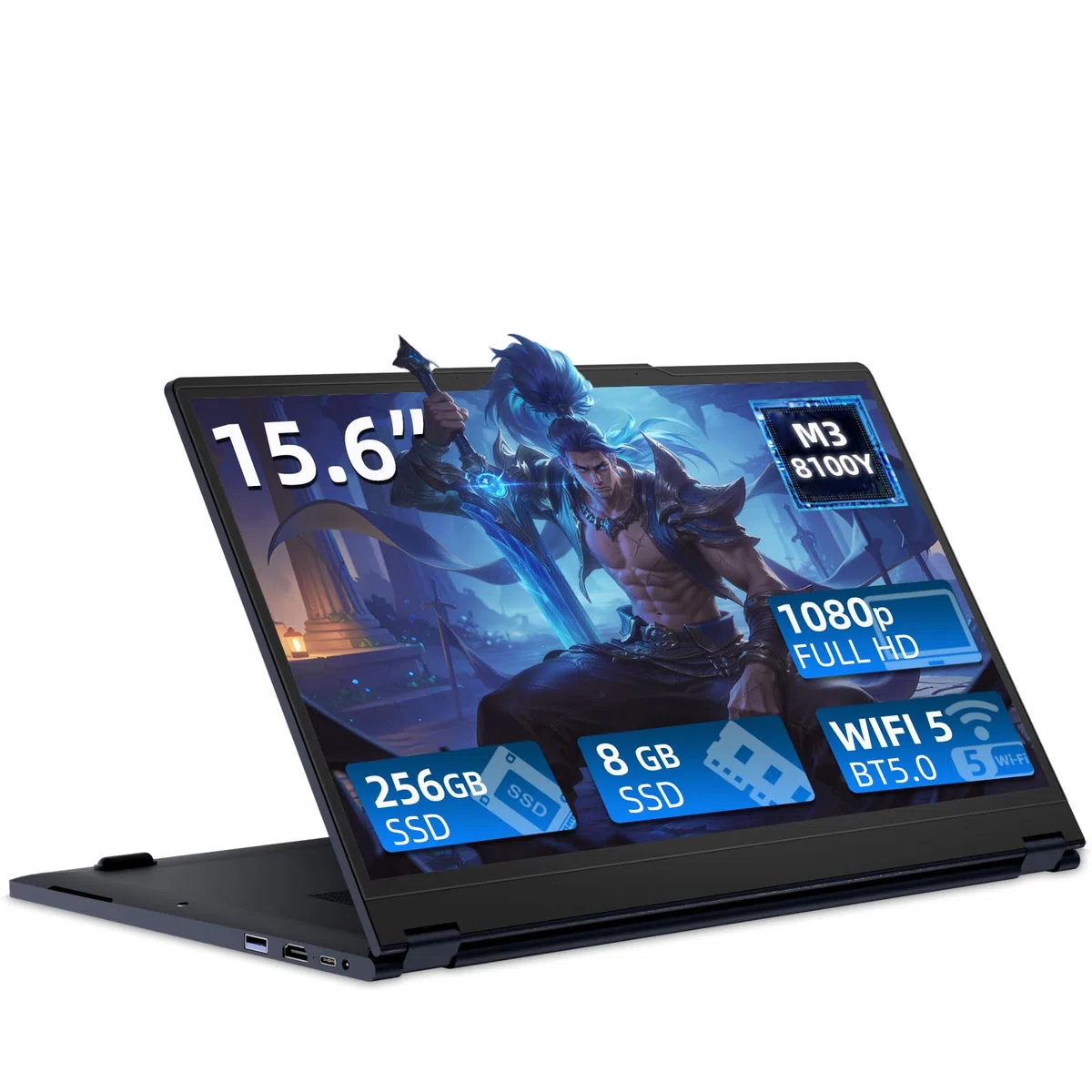 Ordinateur Portable 15,6 Pouces 2-en-1 - PC Portable Win 11, 8Go RAM 256Go SSD, Laptop avec Processeur Core i3 8100Y, Écran Tactile IPS FHD 360° Rotation, Graphiques Radeon, Laptop avec Type-C, USB3.0
