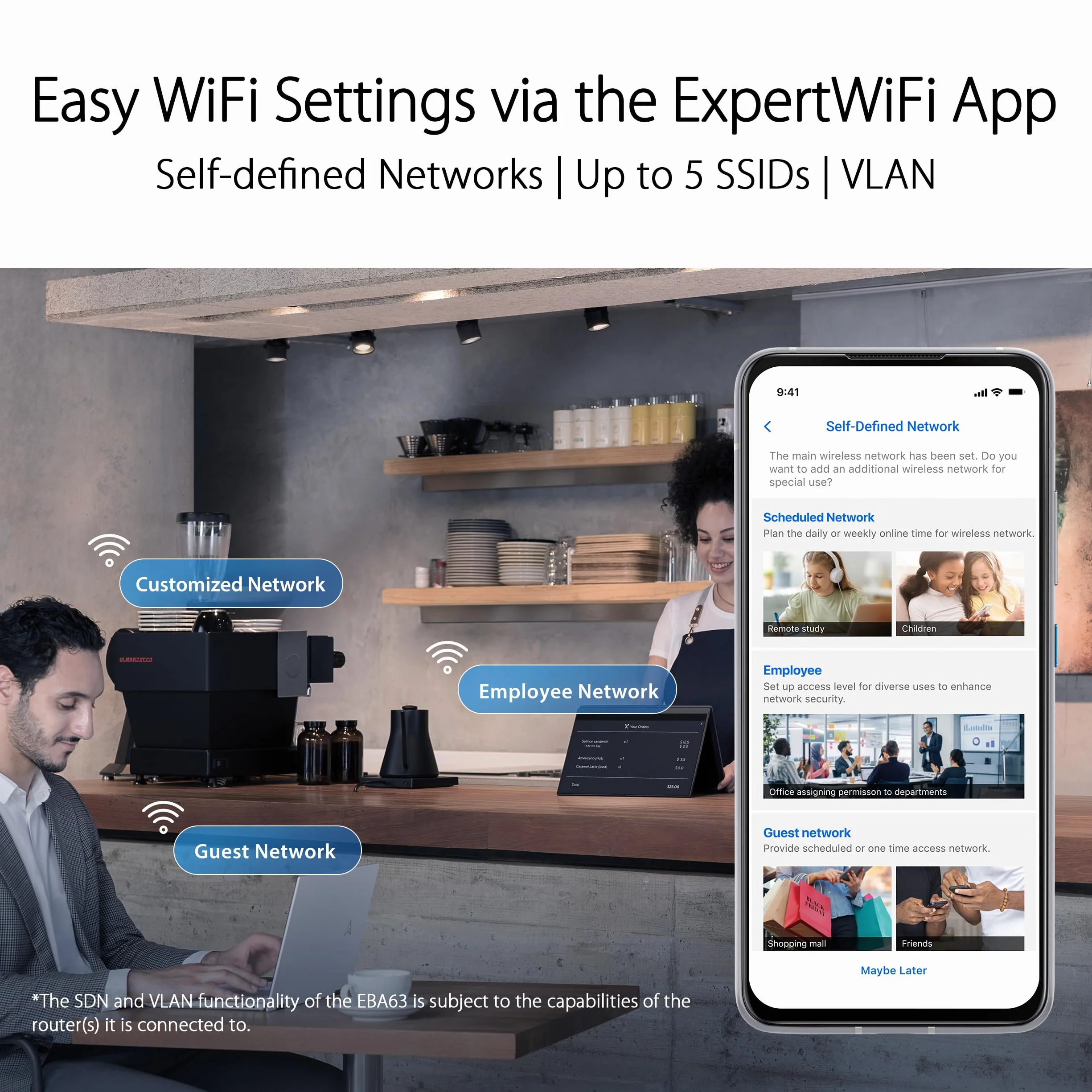 ASUS ExpertWiFi EBA63 (AX3000) - Point d'accès WiFi 6 Bi-Bande - PoE, supporte jusqu'à 5 SSID et VLAN, réseau Auto-défini, Compatible Aimesh, sécurié réseau de Niveau Professionnel