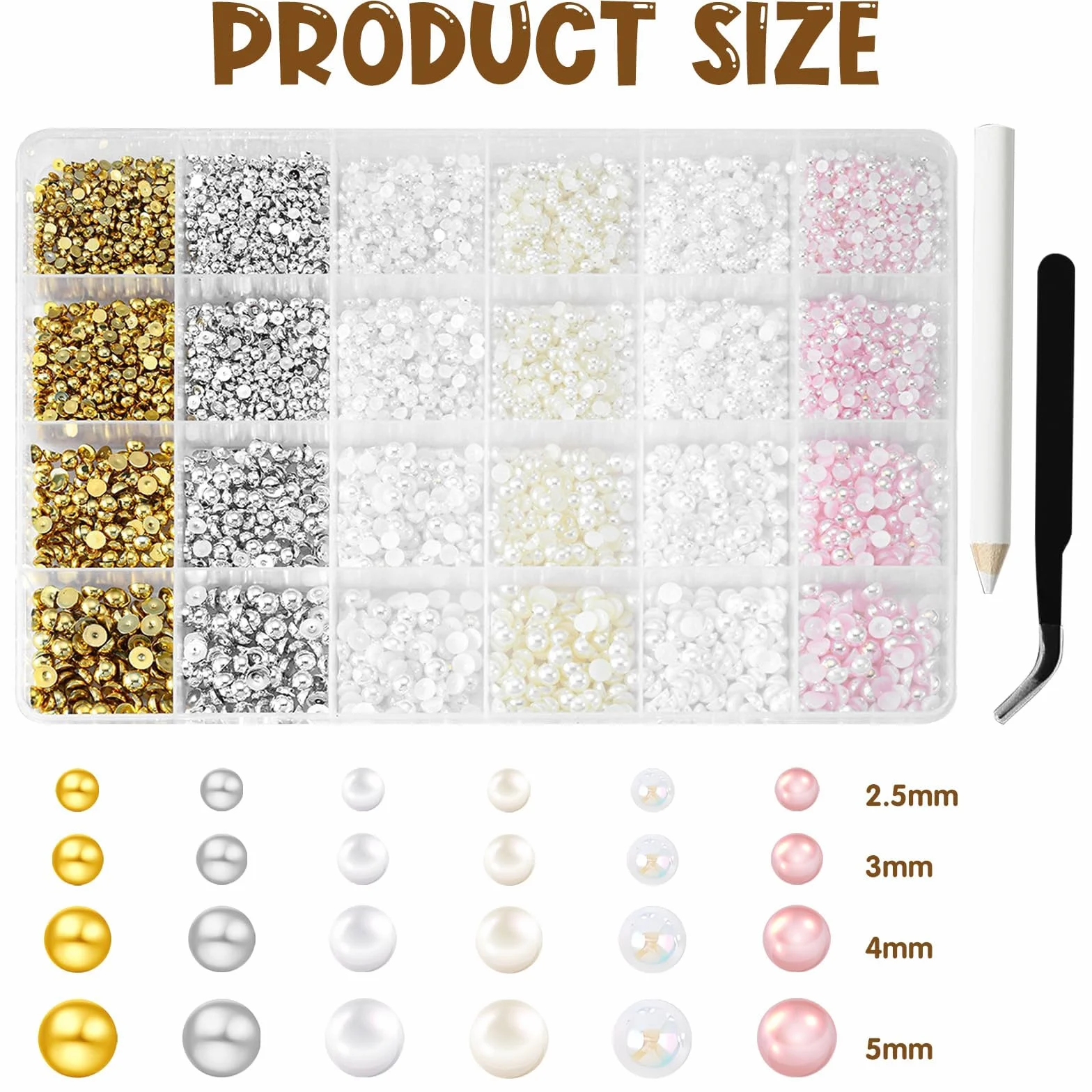 Lot de 10 000 perles à ongles plates, 6 couleurs, 4 tailles, pince à épiler pour manucure