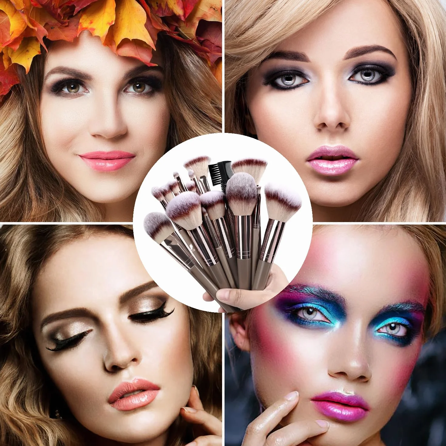 Pinceau Maquillage Set 15pcs, fond de teint poudre blush concealers ombres à paupières trousse