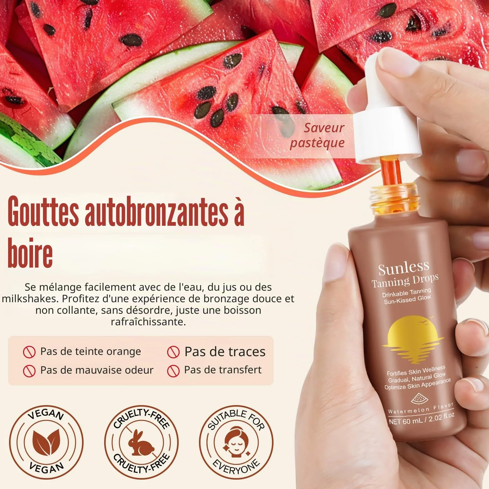 Gouttes de bronzage sans soleil à boire, hydratante pour visage et corps, lueur ensoleillée