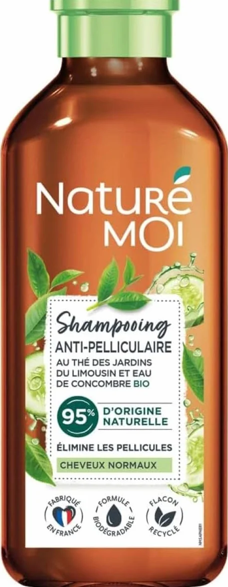 Naturé Moi Shampooing Antipelliculaire Sans Sulfate 250 ml Thé Eau de Concombre Bio 95% d'Origine Naturelle Fabriqué en France
