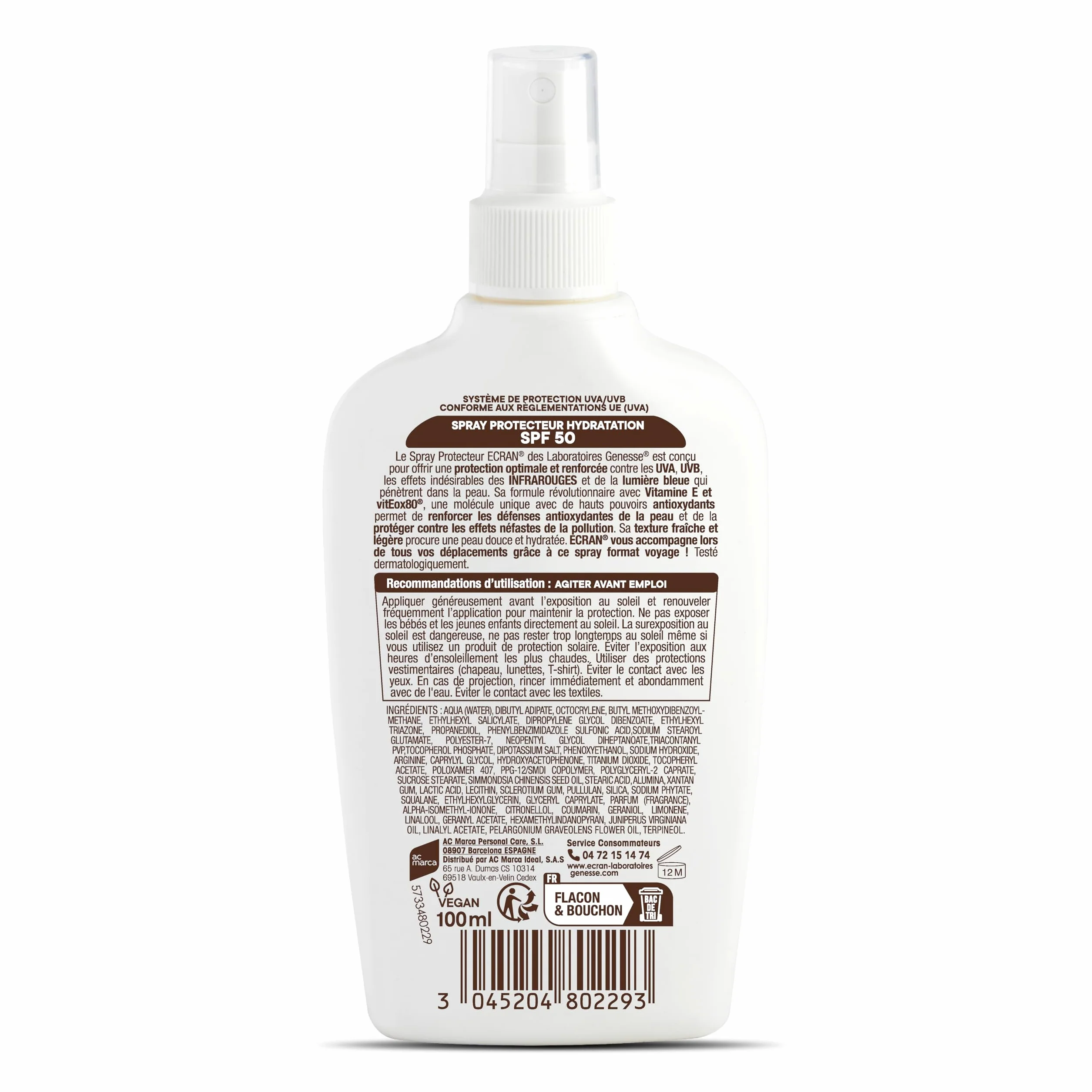 ECRAN Spray Protecteur Hydratant SPF 50 Protection Solaire UVA UVB Vitamine E Format Voyage