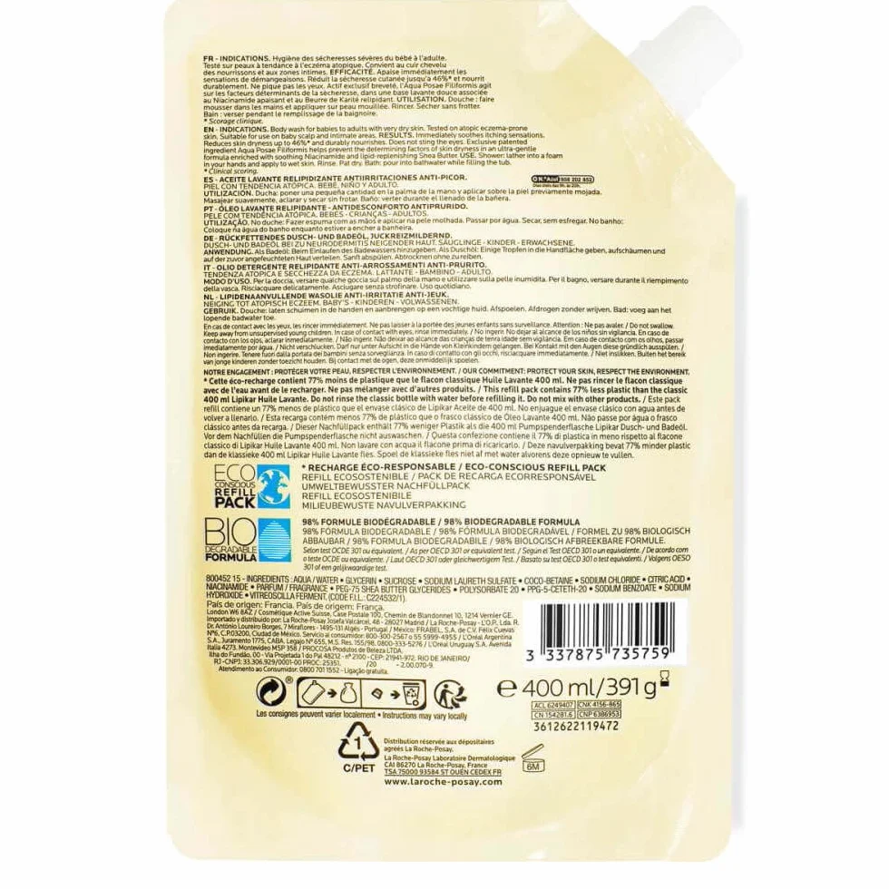 La Roche-Posay Lipikar Huile Lavante AP+ Recharge Huile de Douche Anti-irritation Peaux Sèches Atopique Eczéma Beurre de Karité Niacinamide