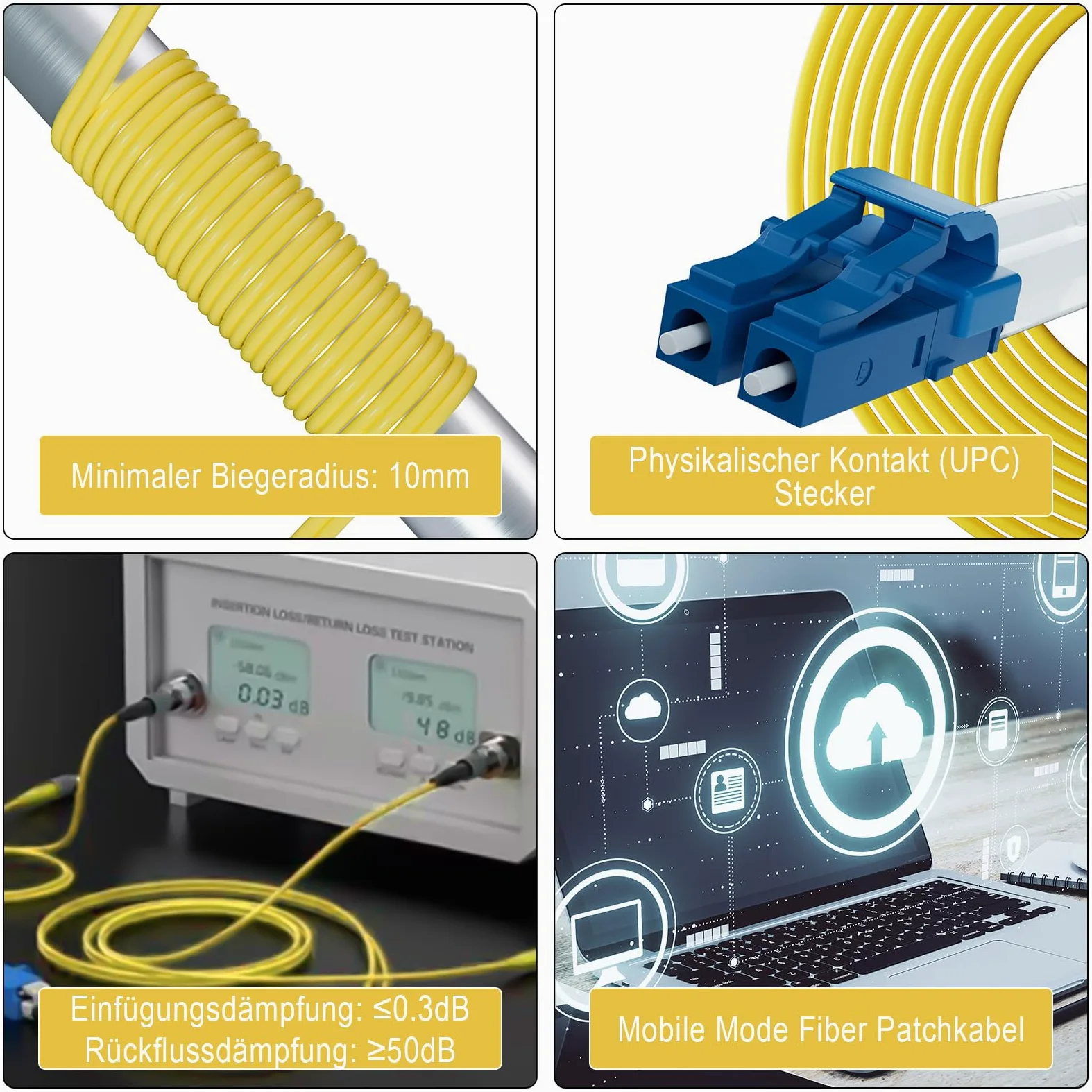 OS2 Lot de 5 câbles à fibre optique monomode LC LC 2 m | 2,1 m, duplex, 9/125 μm, 1 Go/10 Go, LSZH, diamètre extérieur : 2 mm, jaune
