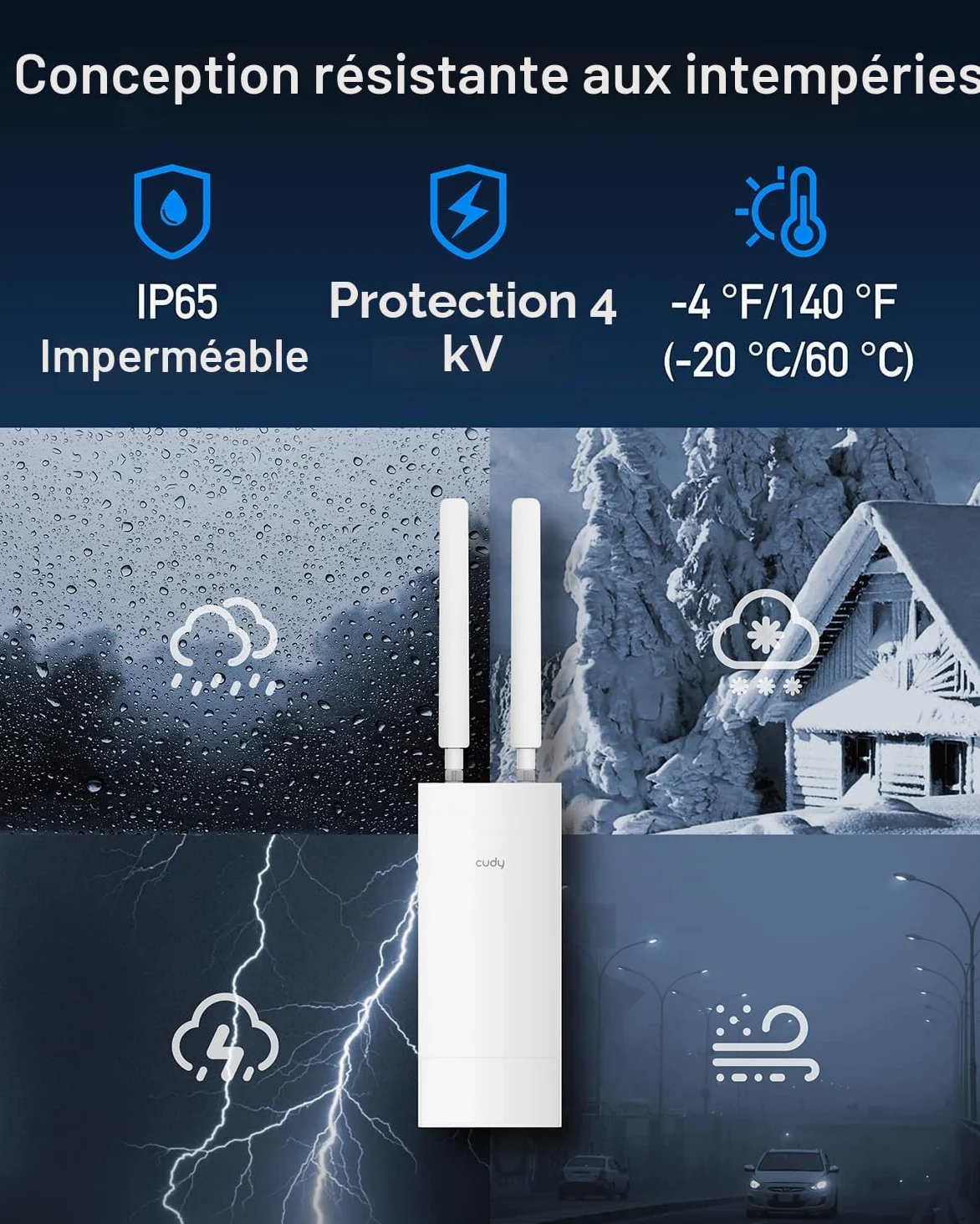 Cudy Routeur Wi-FI 4G LTE AC1200 pour l'extérieur, IP65, PoE, LT500 Outdoor | Cat. 4, 150 Mbps en téléchargement, Wi-Fi 5 AC1200 (867/300), -40 à 65 °C, emplacement pour carte Nano SIM, antenne amovible