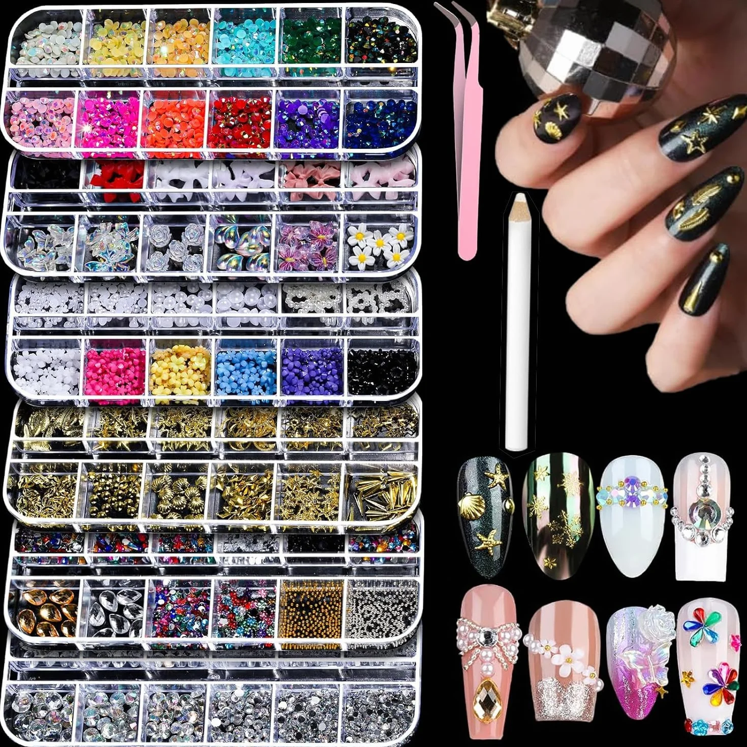 Lot de 6 boîtes de breloques pour ongles 3D - Or et argent - Étoile - Décoration d'ongles - Alliage