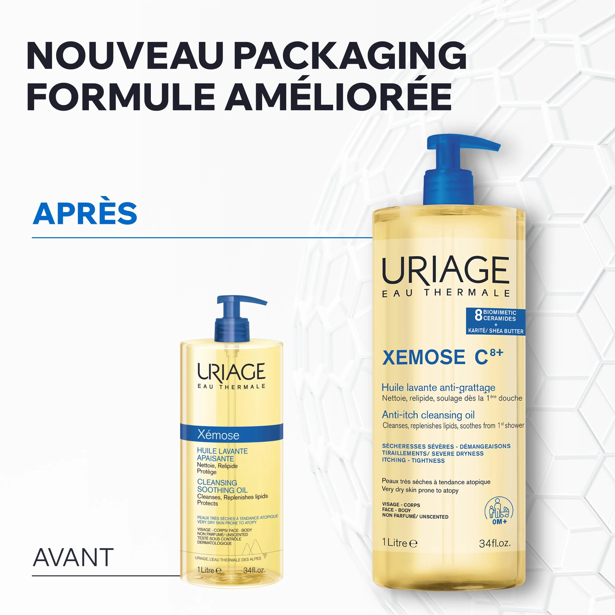 Uriage Xemose Huile Lavante Peau Sèche Atopique Gel-en-Huile Moussant Nourrissant Visage Corps Non Parfumée Sans Savon pH Physiologique