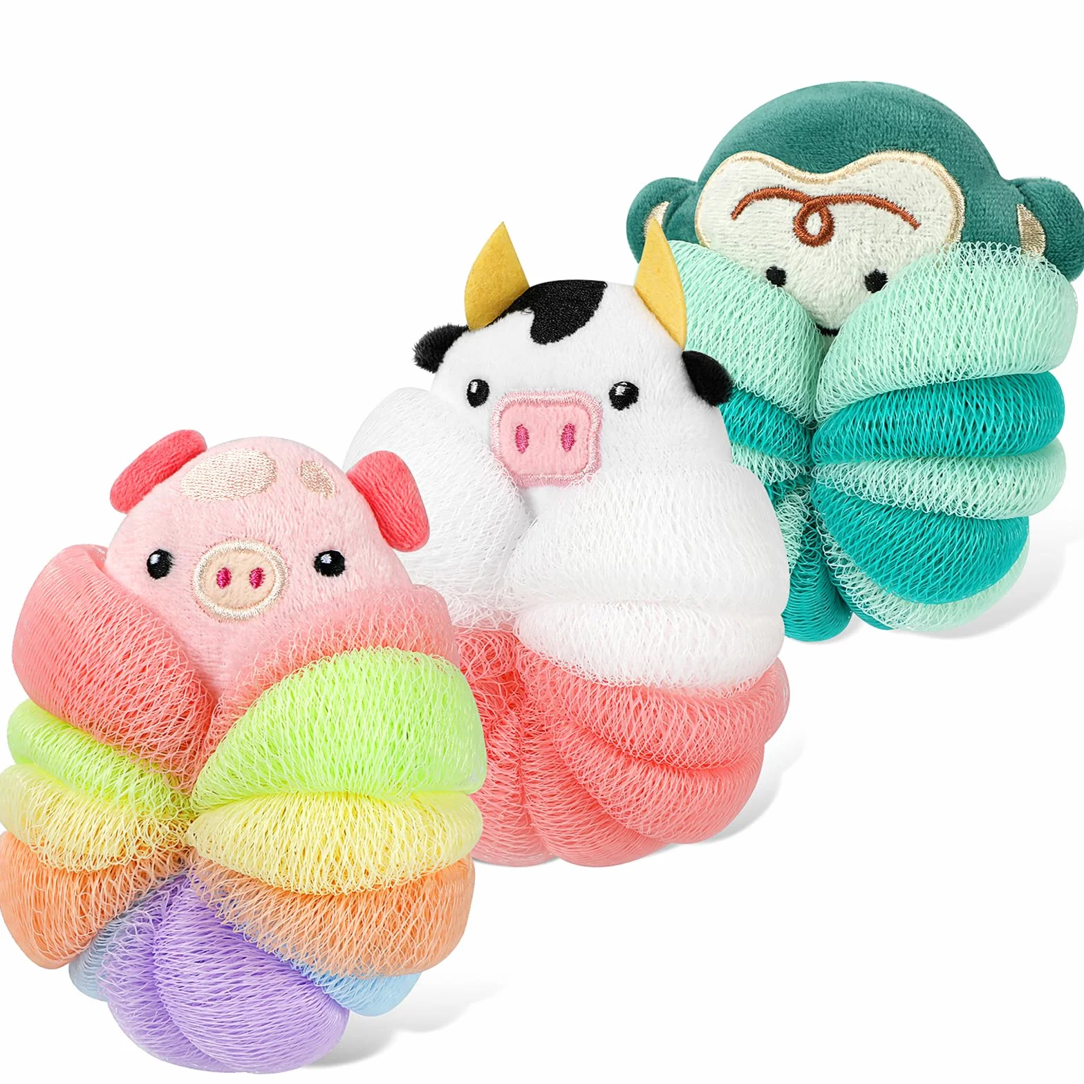 PHOGARY Lot de 3 Fleur de Douche Lavable pour Enfants, Éponges Luffa en Forme d'Animal