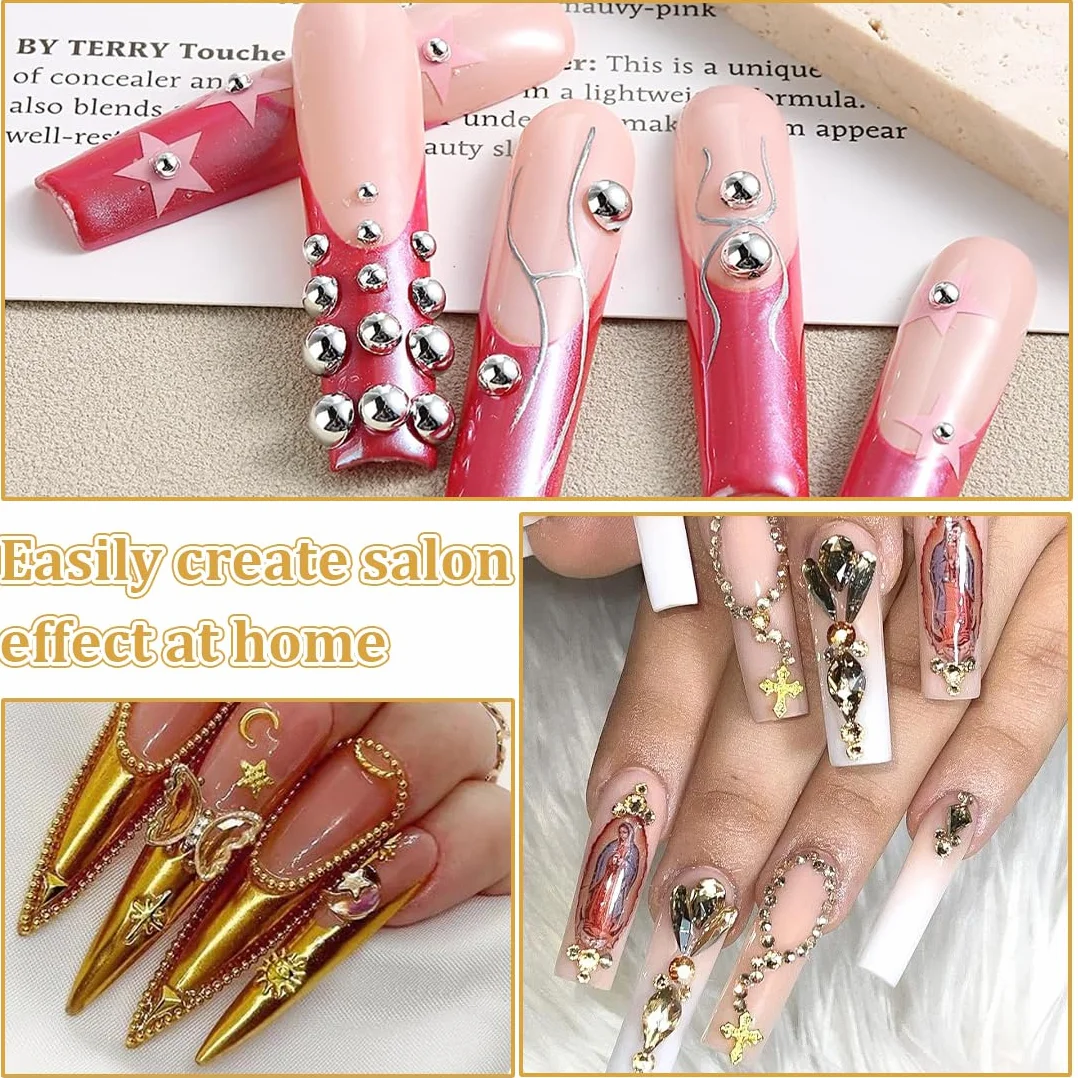 Boîte 3D Flatback Perle Ongle Argent et Or, Demi-Rondes Métal Perle Bijoux Nail Art
