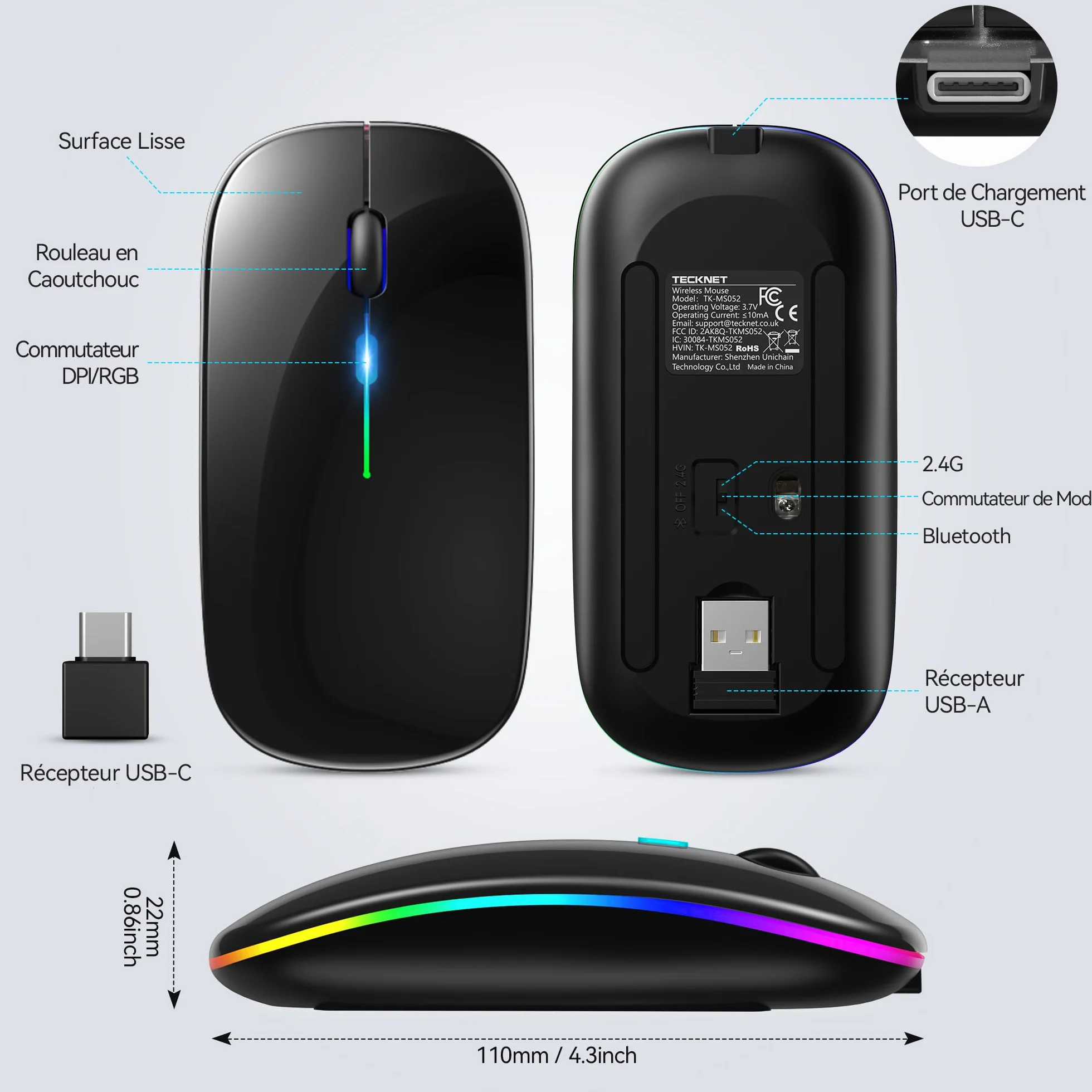 TECKNET Souris sans Fil Bluetooth 5.1 Rechargeable 1600 DPI Rétroéclairée 7 Couleurs Silencieuse Noir