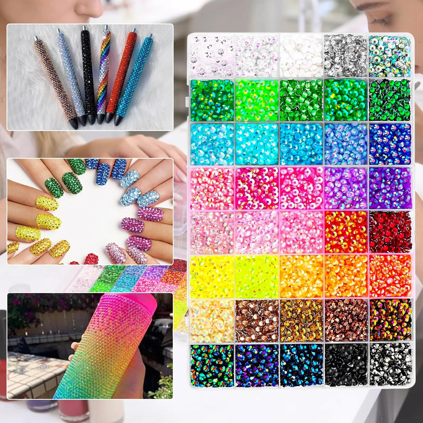 Kit de Strass en Résine 32 000 Pièces, 40 Couleurs Strass Plats Perles 3 mm pour Travaux Manuels, Décoration Ongles, Textiles