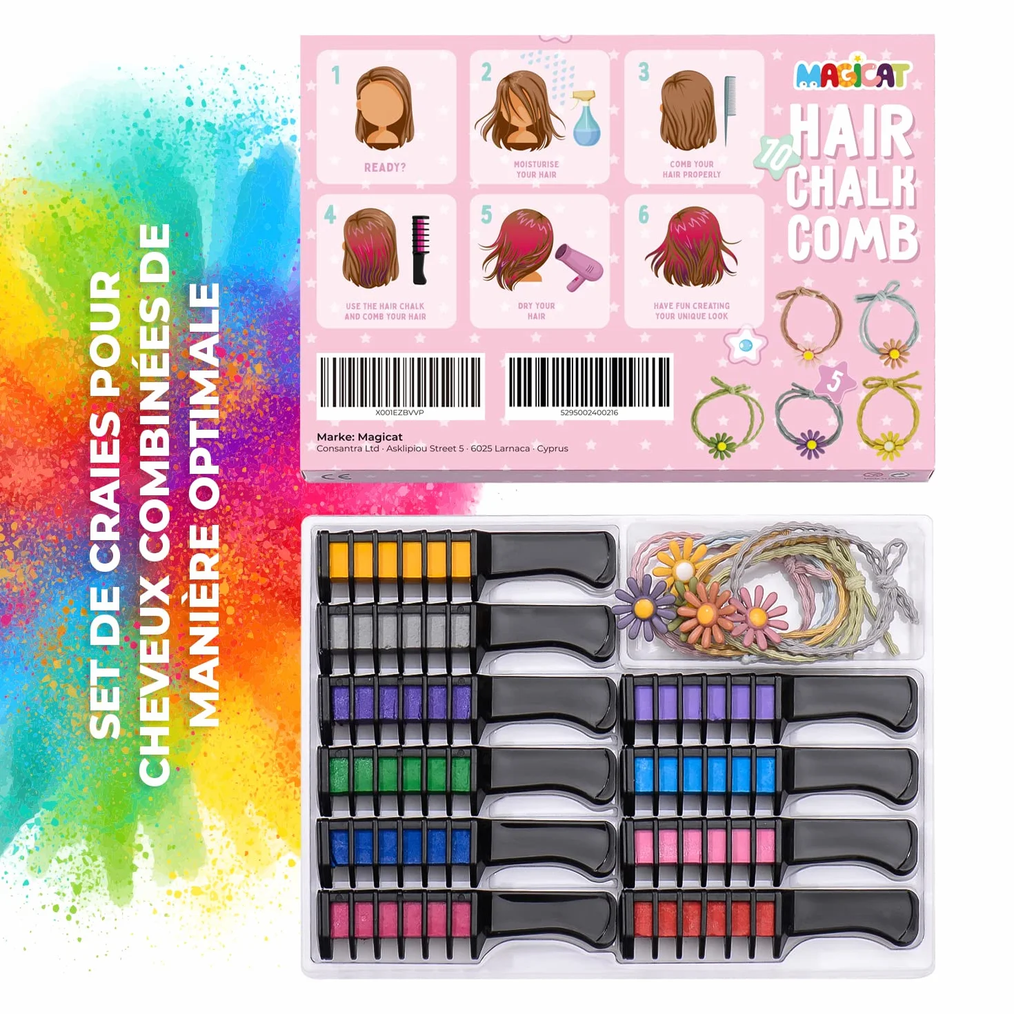 Magicat Peigne à Craie pour Cheveux Set - 10 Couleurs Lavables pour Enfants
