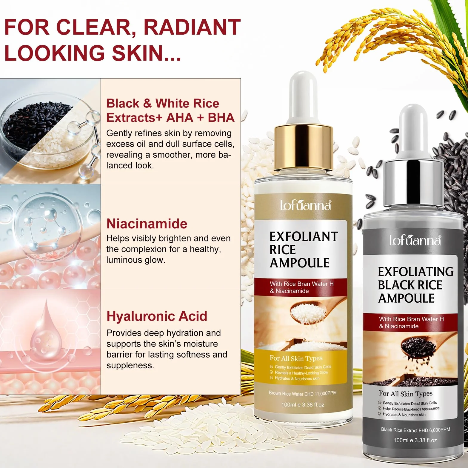 Sérum Exfoliant Visage au Riz Blanc 100ml + Riz Noir 100ml, Peeling Doux AHA BHA VB3, Éclat & Hydratation, Soin Coréen