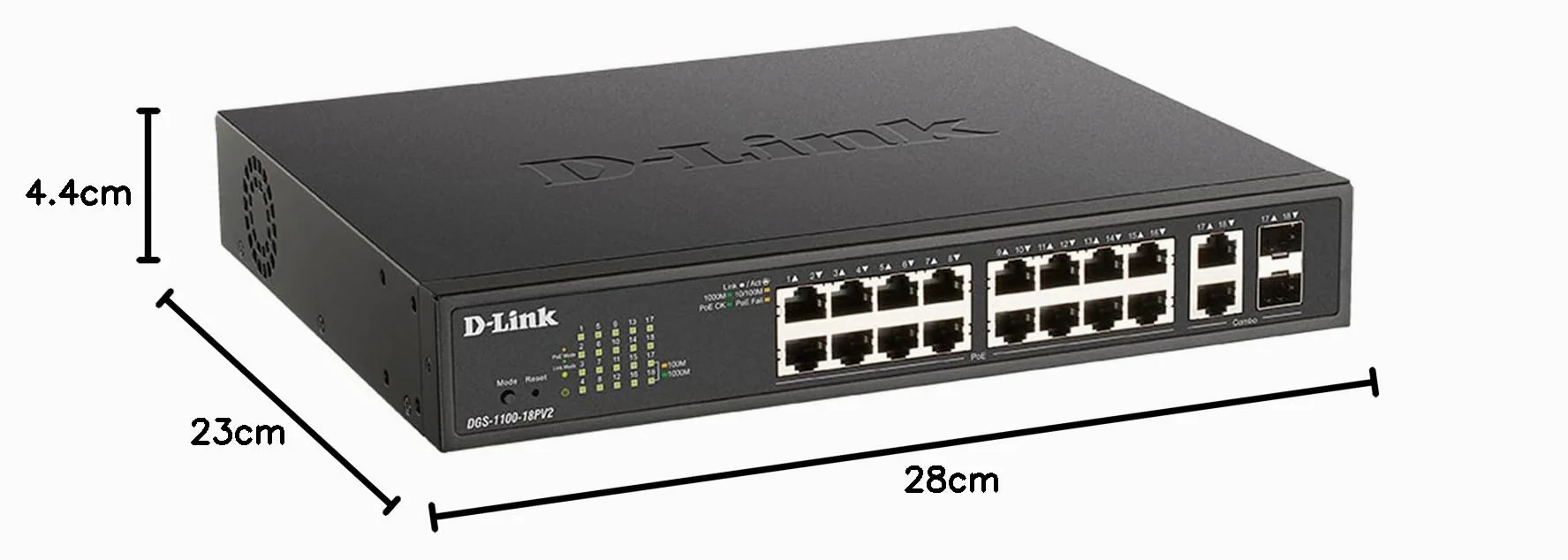 Commutateur Smart Managed Gigabit PoE D-Link DGS-1100-18PV2, Switch Réseau Layer 2 à 18 Ports, 16 Ports PoE+, Budget PoE 130W, VLAN, QoS, Surveillance VLAN, Rackable