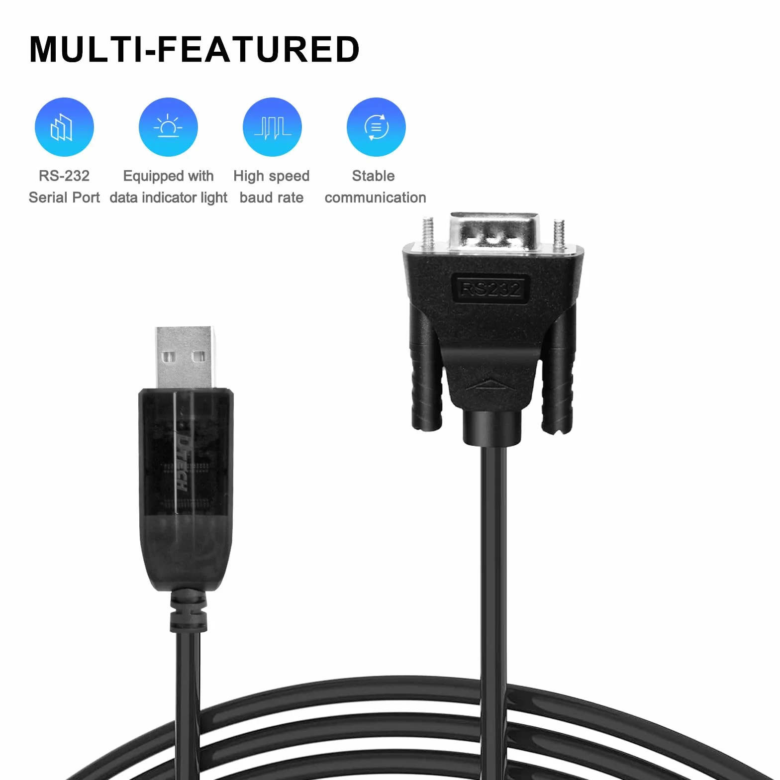 DTECH Câble USB vers mâle RS232 10 m - Adaptateur port série USB vers DB9 avec voyants lumineux LED, compatible avec Windows 11/10/8/7, Linux, Mac OS, prise pour imprimante, CNC, équipementiers