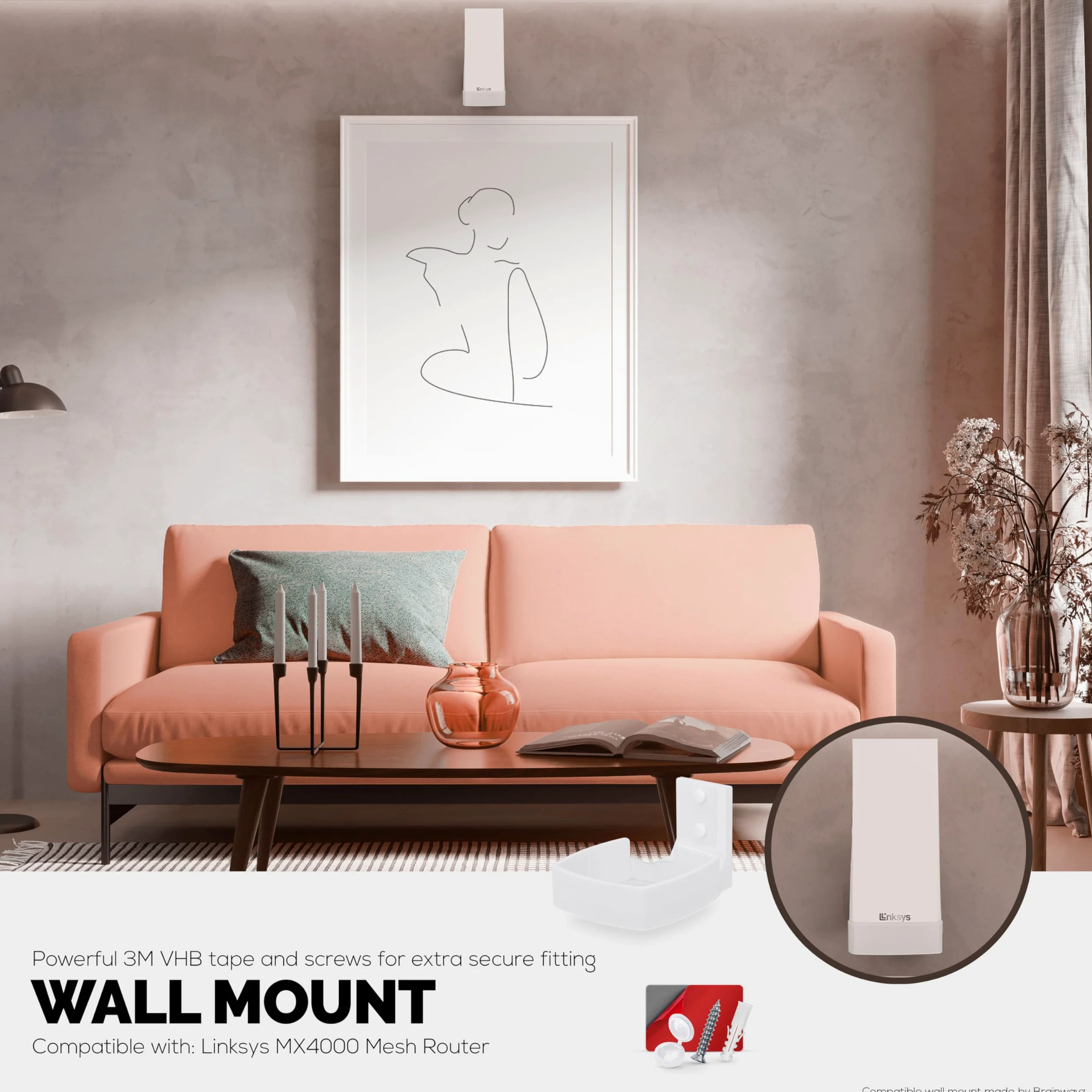 Support mural pour routeur Linksys MX4200 Mesh WiFi 6 (AX4200), facile à installer, réduit les interférences et l'encombrement, adhésif et montage à visser