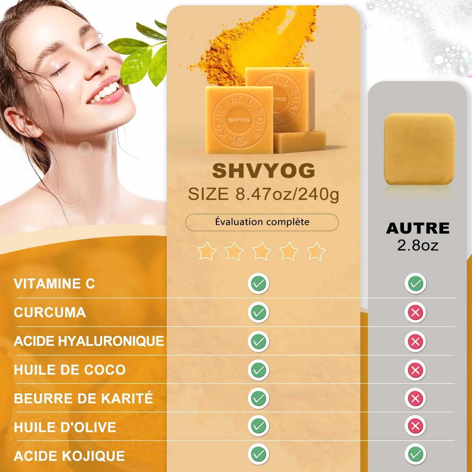 Savon à l'Acide Kojique et Curcuma, Savonnette 3x80g pour Points Noirs, Acné et Taches Foncées